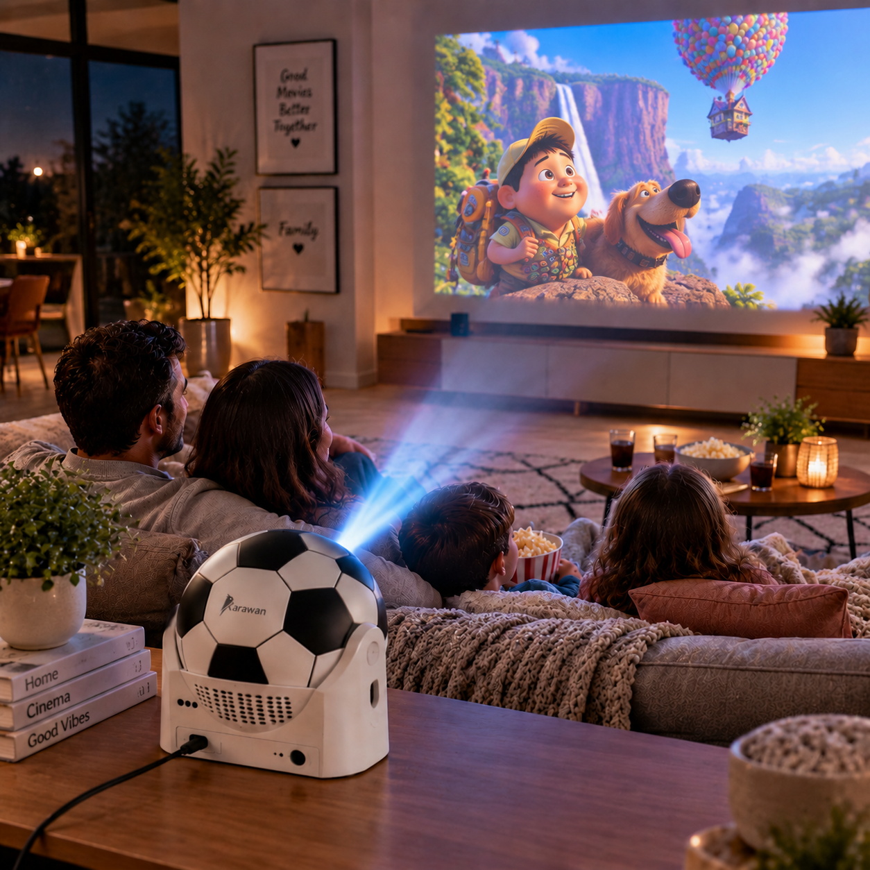 Una familia ve Up en una pantalla, proyectada desde un proyector con forma de balón.