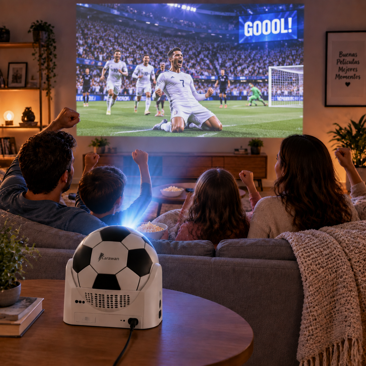 Familia viendo un partido de fútbol proyectado en la pared por un proyector con forma de balón.