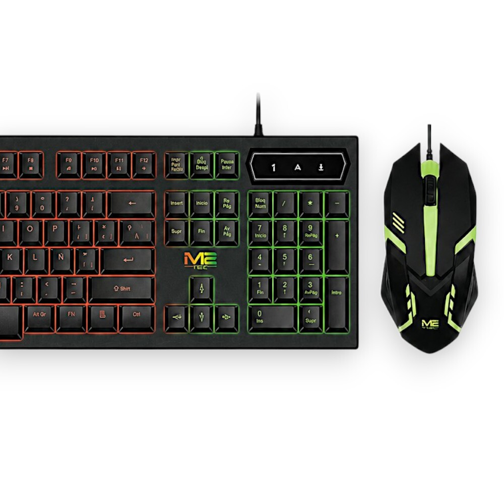 Teclado para juegos negro con iluminación roja y verde y un ratón negro a juego con detalles verdes.