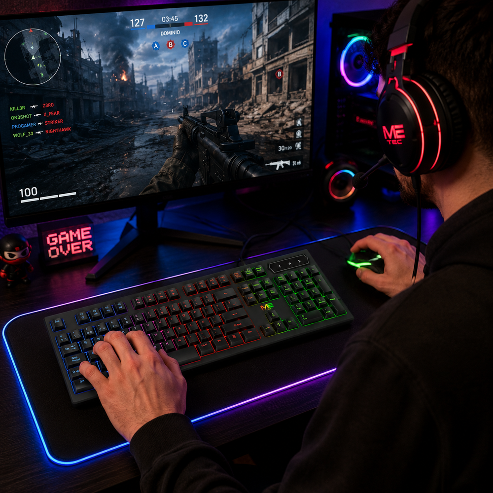 Un jugador con auriculares usa un teclado y ratón iluminados en un PC.