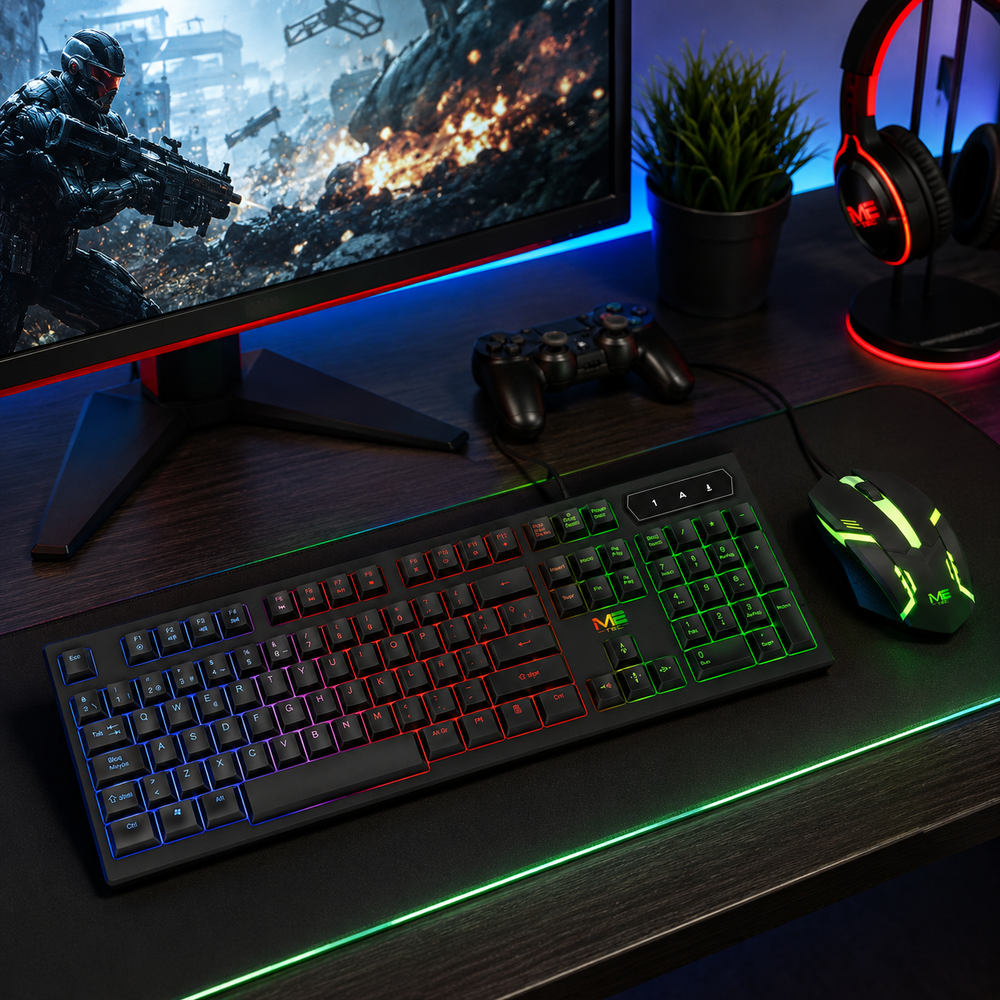 Un escritorio de juegos con teclado iluminado, ratón, mando, monitor con juego, planta y auriculares.