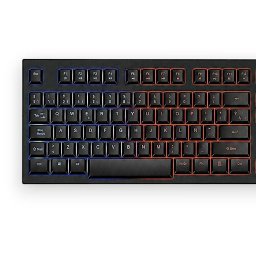 Un teclado de computadora negro con retroiluminación azul y anaranjada.