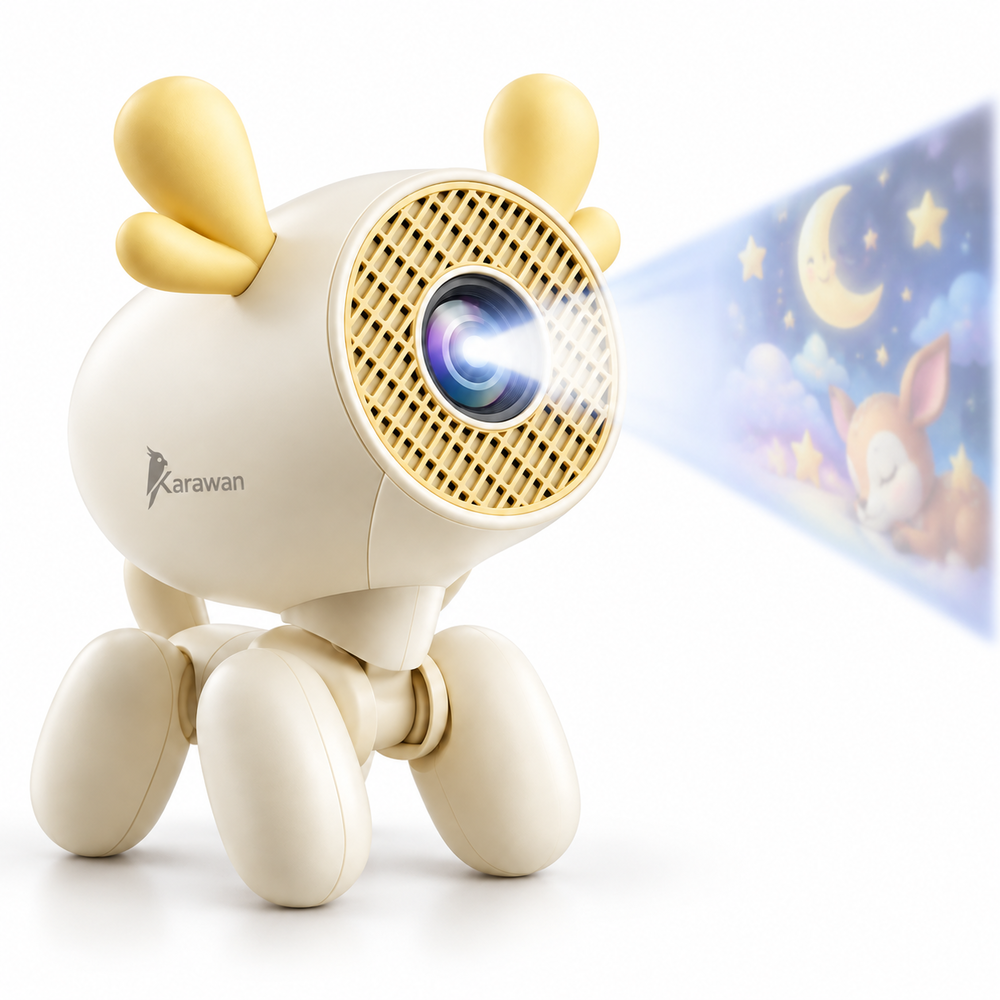 Un proyector color crema en forma de perro con orejas amarillas proyecta una linda escena de luna y estrellas en la pared.