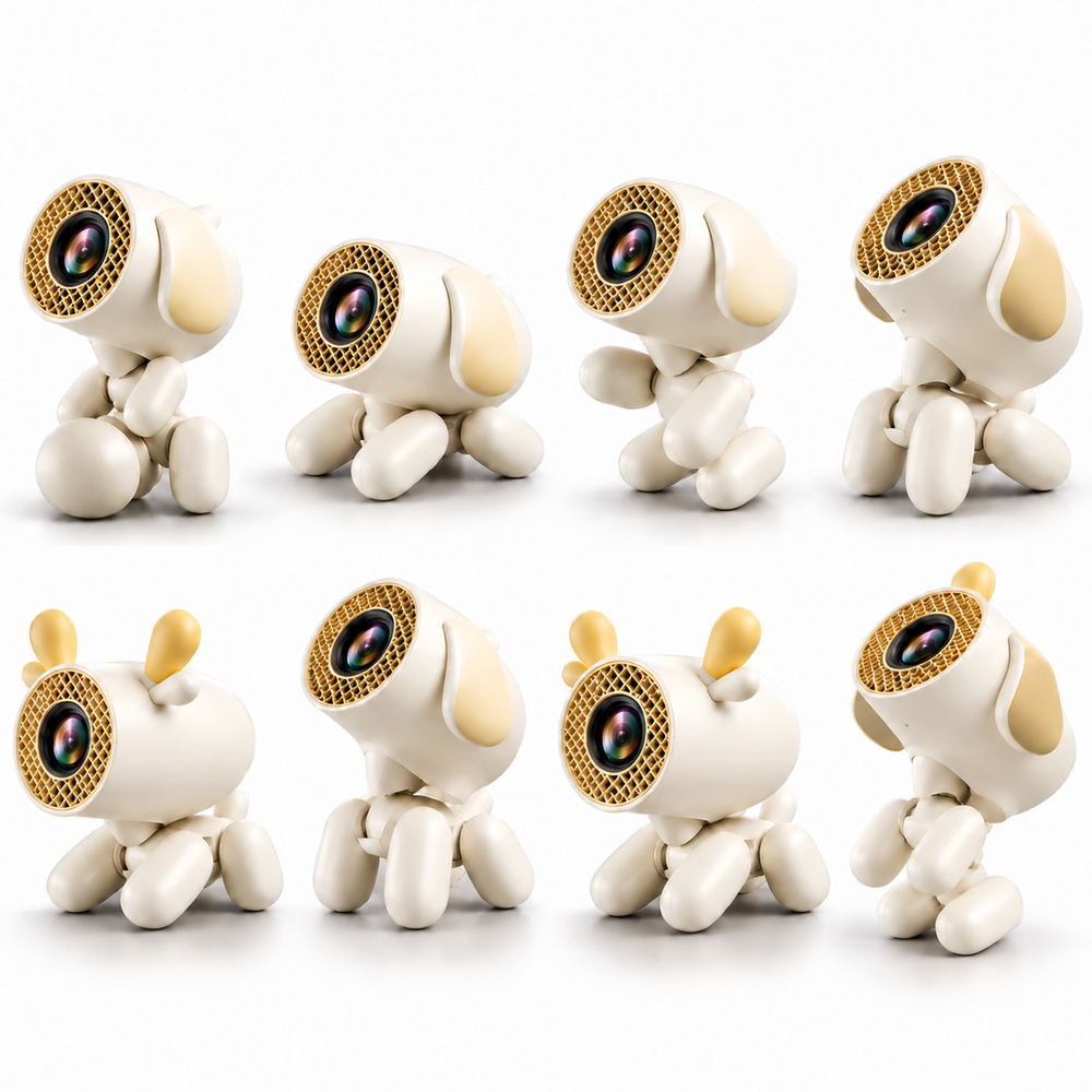 Ocho figuras de perros robóticos blancos con lentes de cámara como caras en varias poses.
