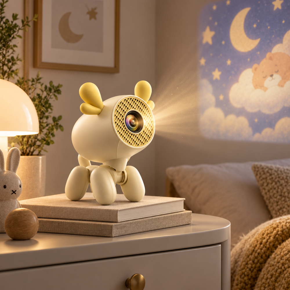 Un proyector amarillo con forma de perro sobre libros en una mesita de noche proyecta una escena de oso en la pared.