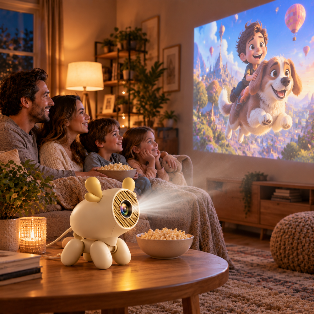 Una familia ve una película animada proyectada en la pared por un proyector con forma de perro.
