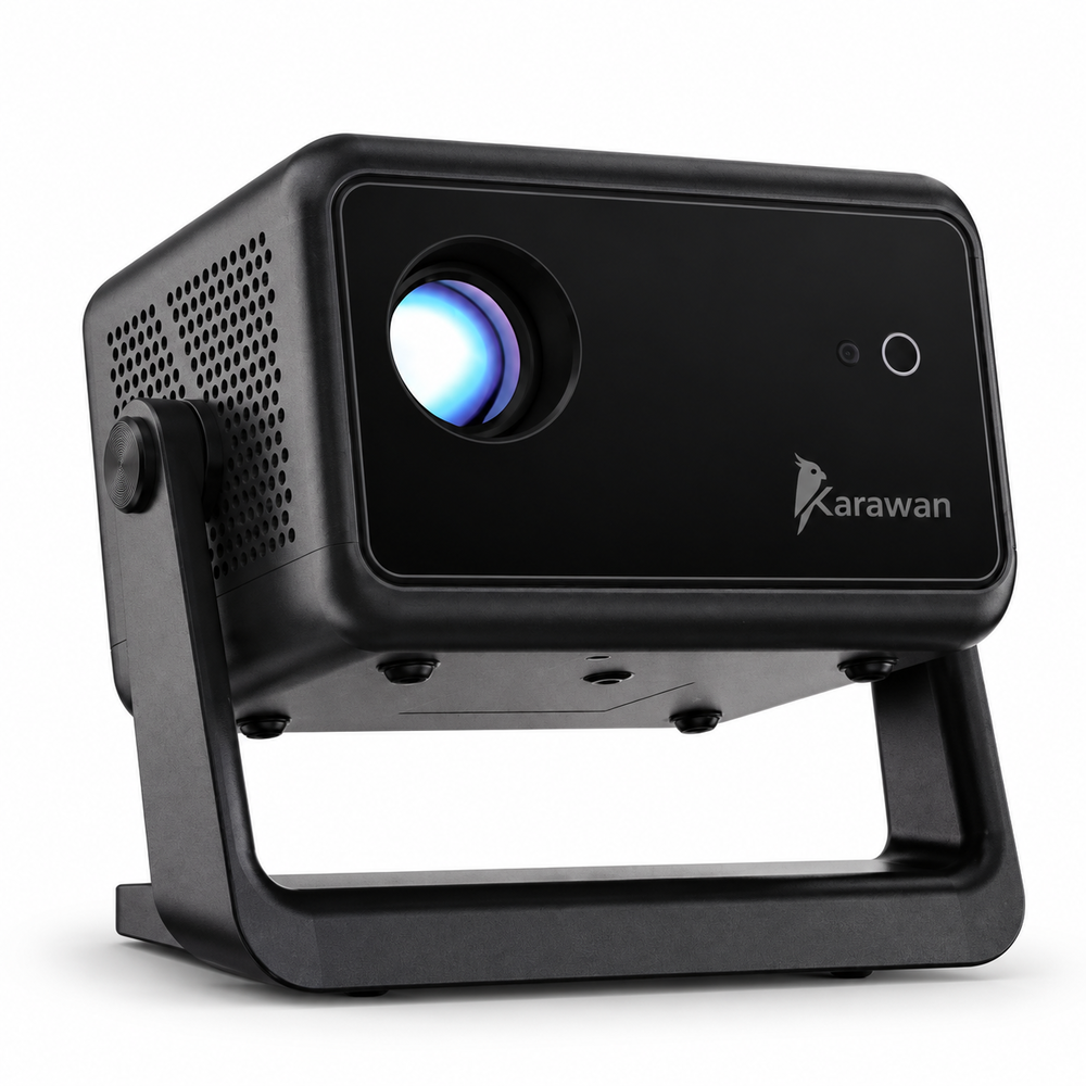 Un proyector Karawan negro en un soporte en forma de U con una lente brillante azul sobre fondo blanco.
