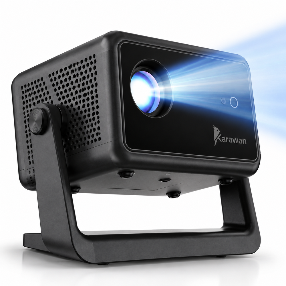 Un proyector Karawan negro en un soporte proyecta un haz de luz azul sobre un fondo blanco.