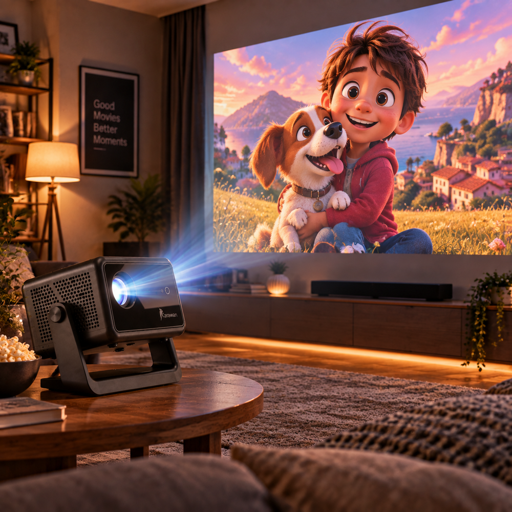 Un proyector muestra una película animada de un niño y un perro en una pared grande en una sala acogedora.