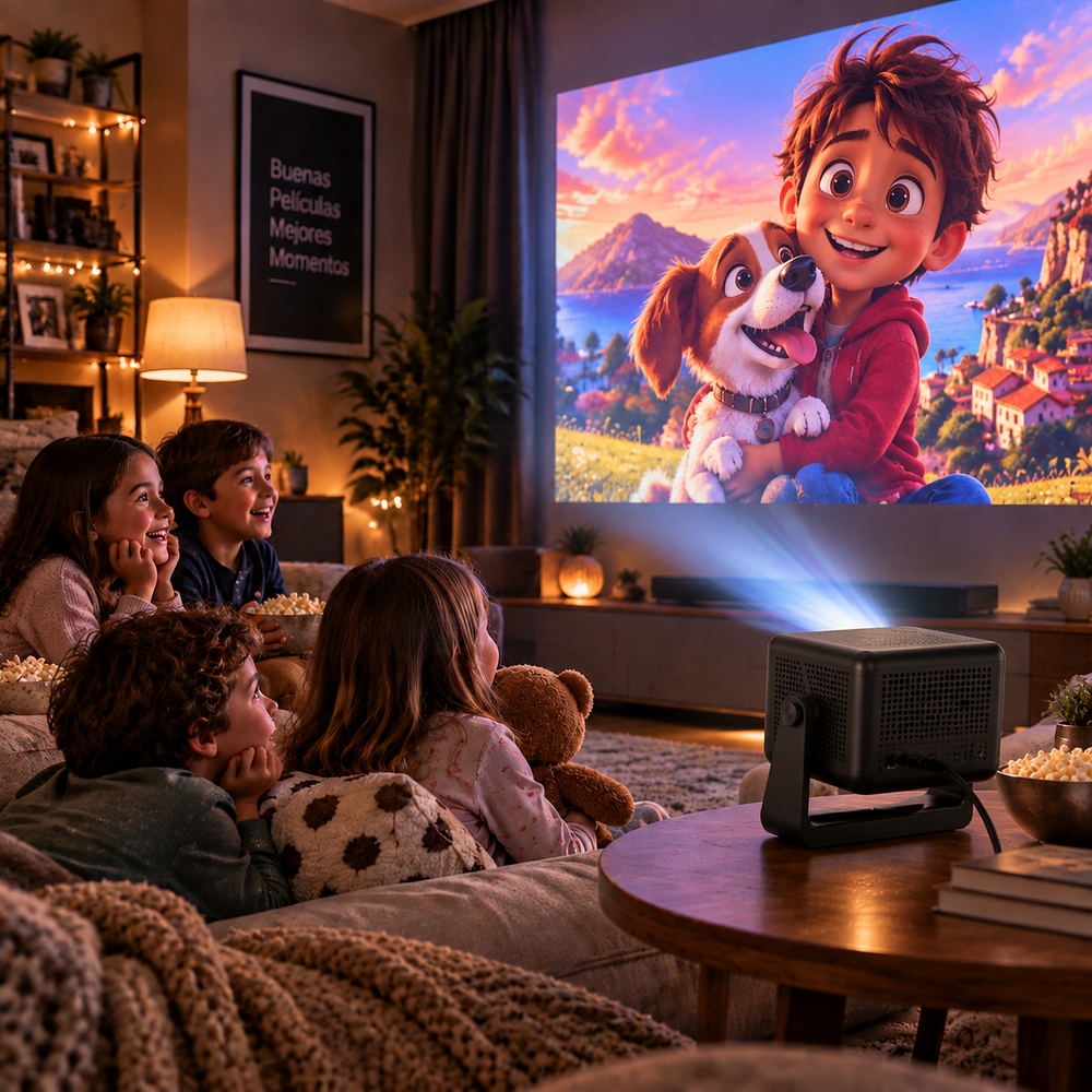 Niños ven una película animada proyectada en la pared por un proyector pequeño.