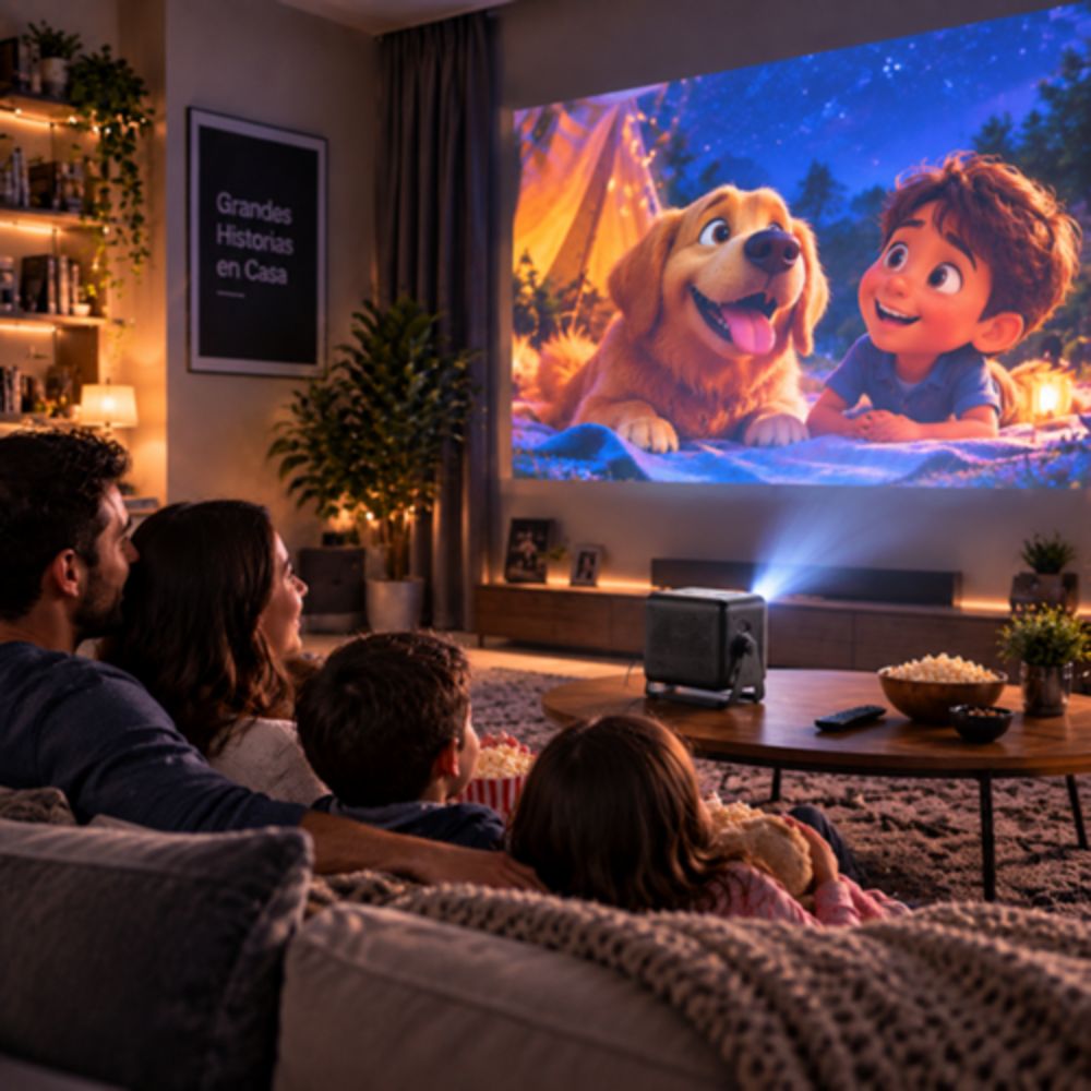 Una familia se sienta cómodamente en un sofá viendo una película animada en un proyector.