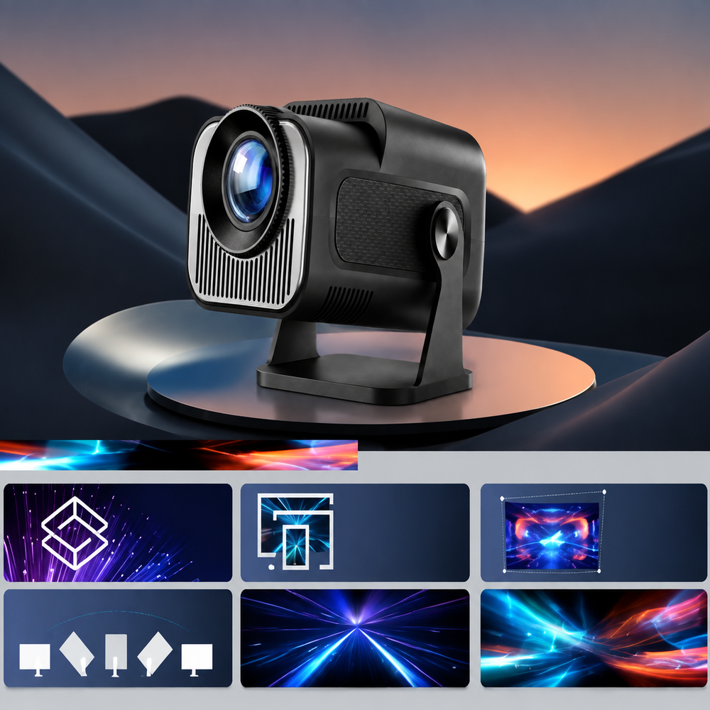 Un proyector negro moderno sobre un pedestal, rodeado de iconos abstractos y efectos de luz coloridos.