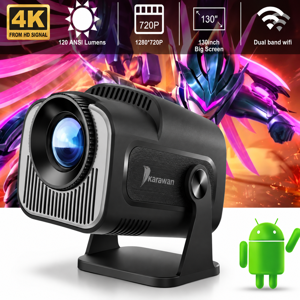 Un proyector Karawan negro con una mascota de Android e iconos que muestran sus funciones.