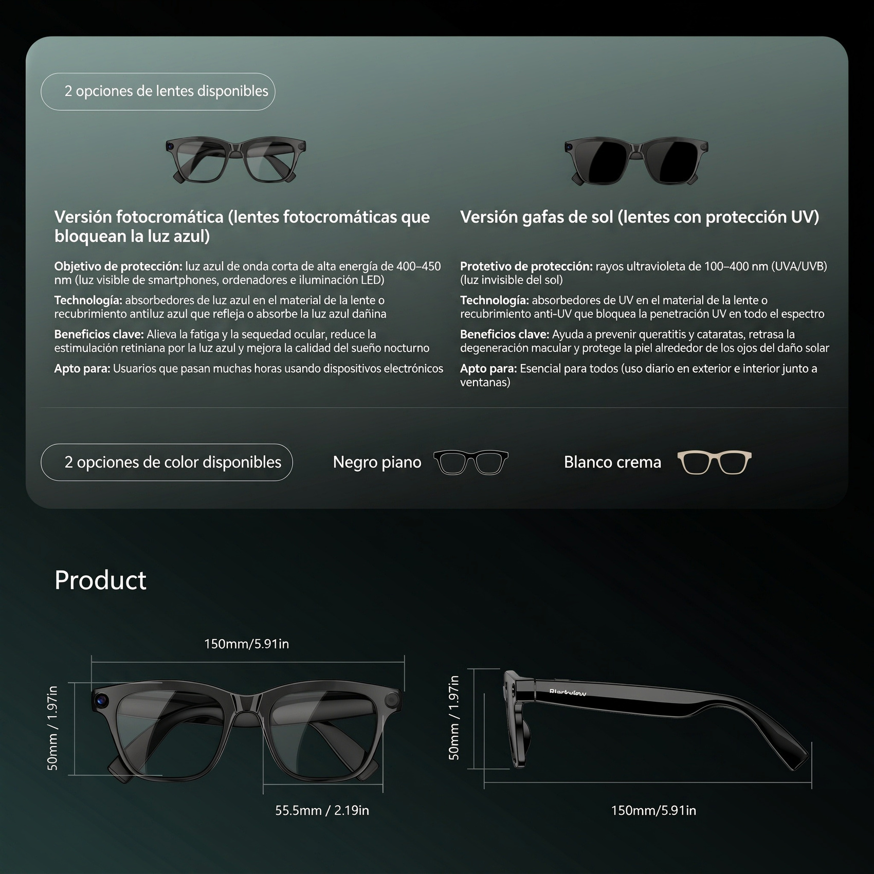 Infografía de producto de gafas inteligentes con dos opciones de lentes, colores y medidas.