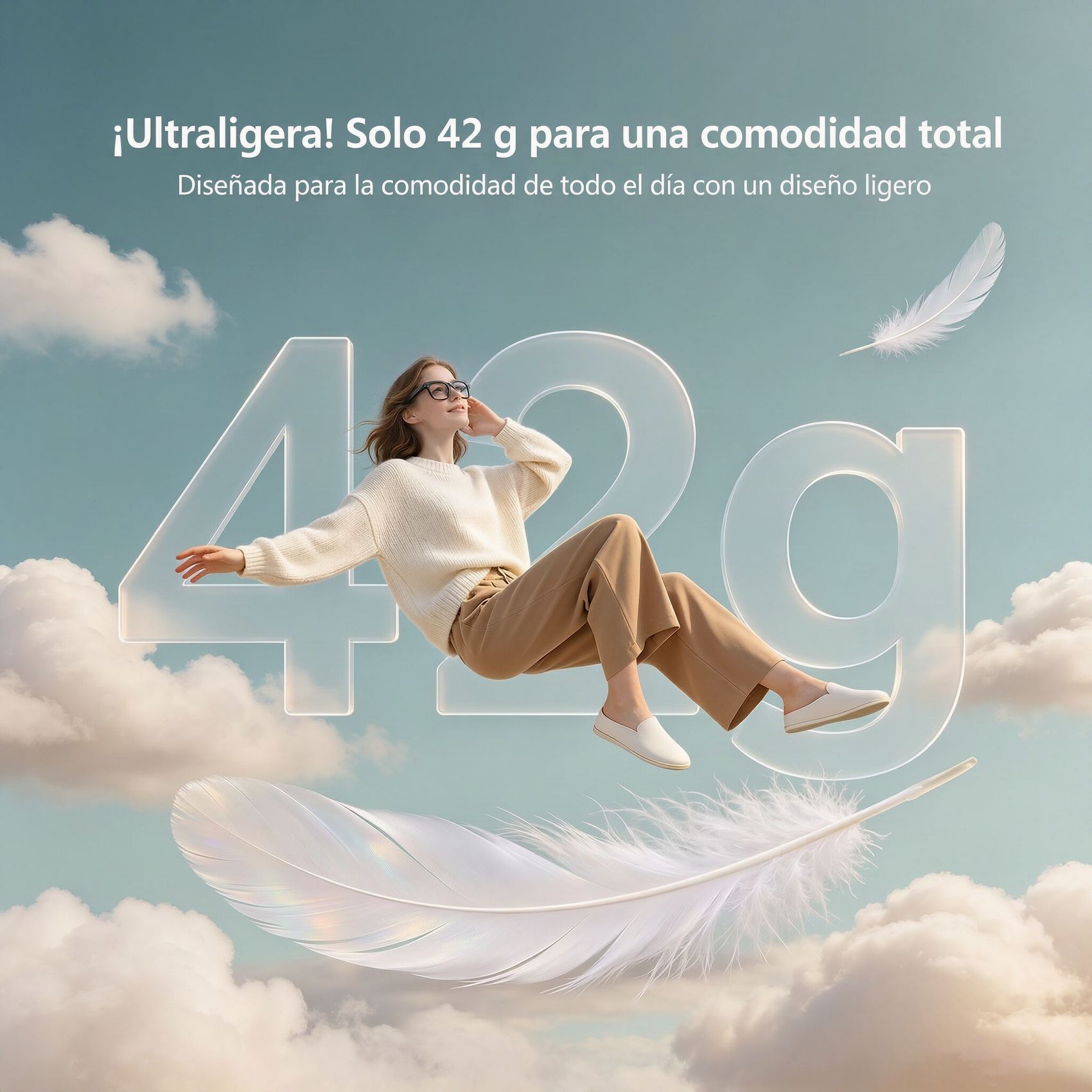 Una mujer flota en el cielo ante el texto 42g, rodeada de plumas blancas y nubes.