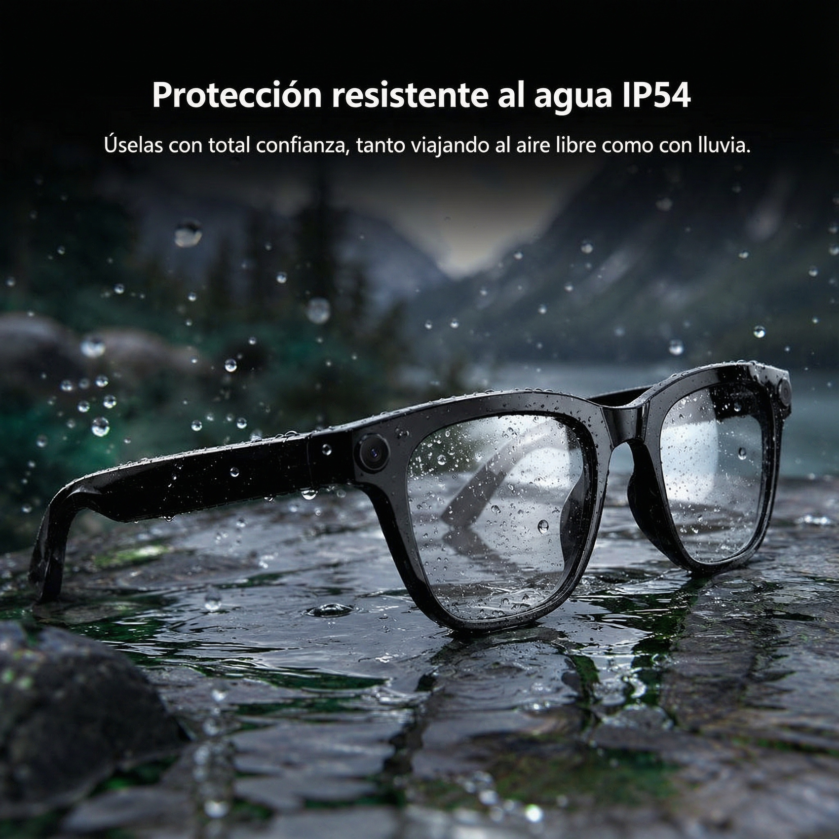 Gafas negras con gotas de agua sobre una superficie mojada bajo la lluvia.