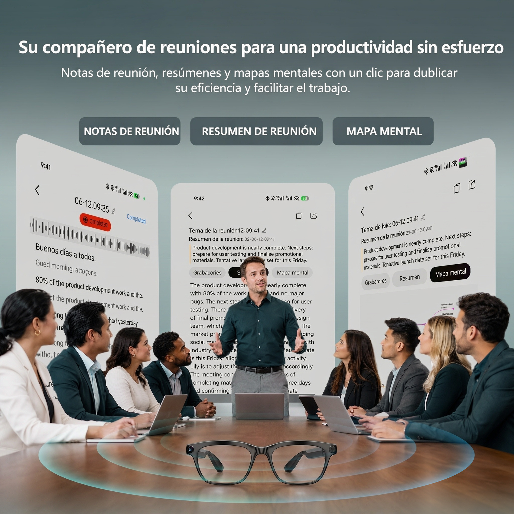 Presentación en reunión con aplicaciones de notas móviles y gafas inteligentes en primer plano.