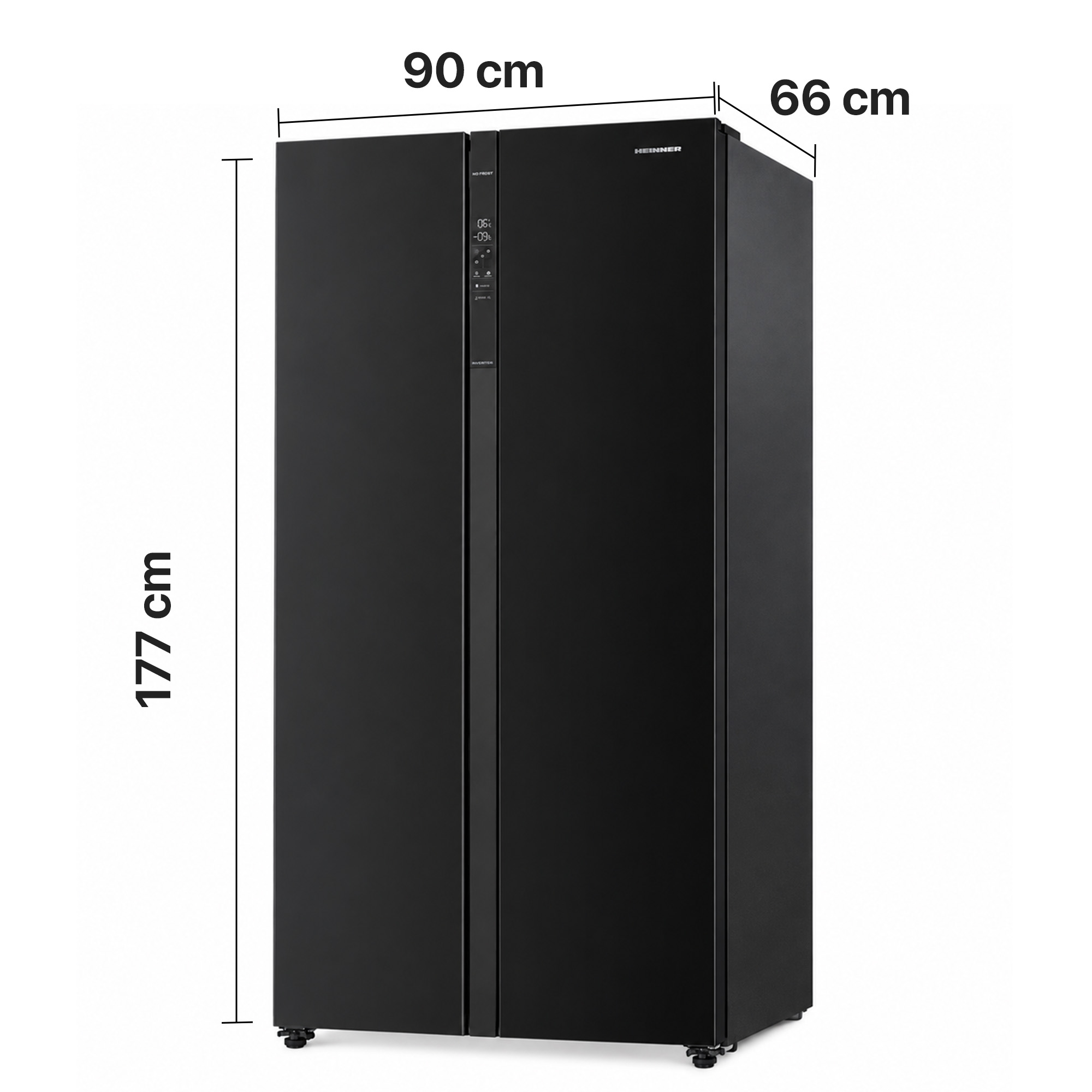 Zwarte Amerikaanse koelkast met afmetingen: 177 cm hoog, 90 cm breed en 66 cm diep.