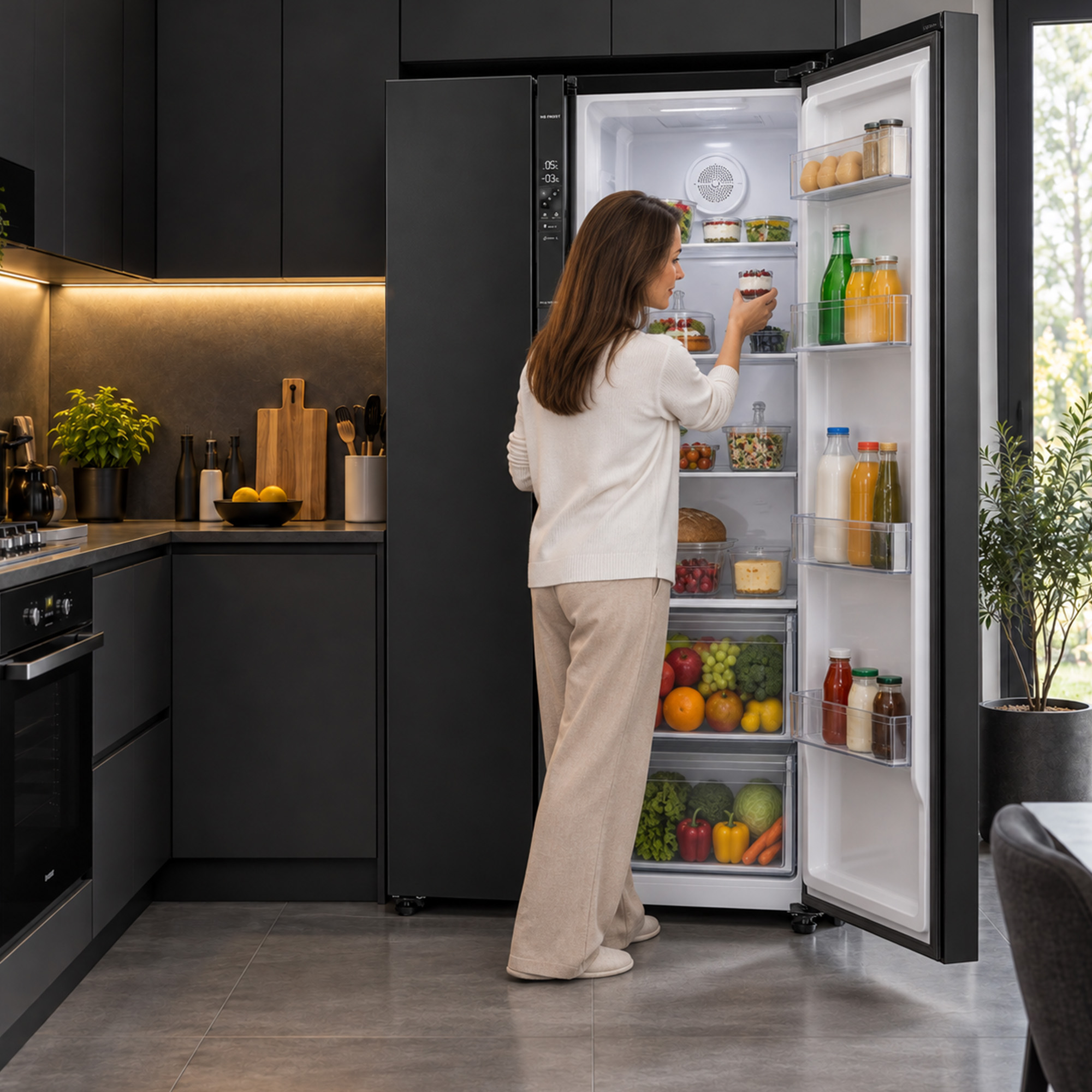 Een vrouw in lichte kleding pakt yoghurt uit een open koelkast in een moderne zwarte keuken.