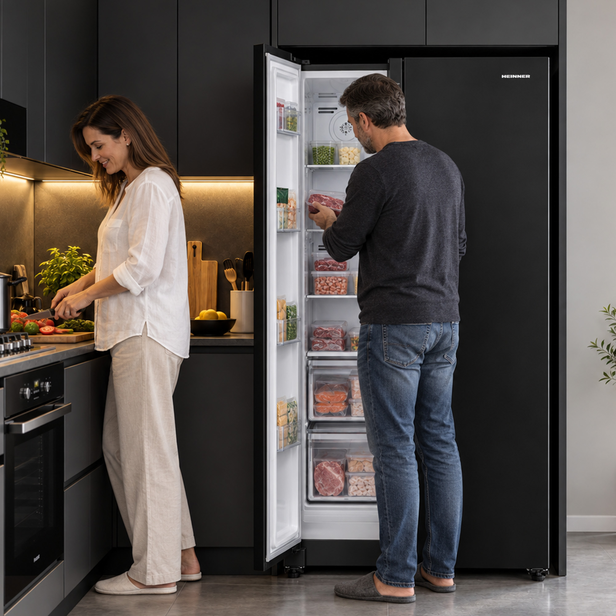 Een vrouw snijdt groenten in een moderne keuken terwijl een man in een grote zwarte koelkast kijkt.