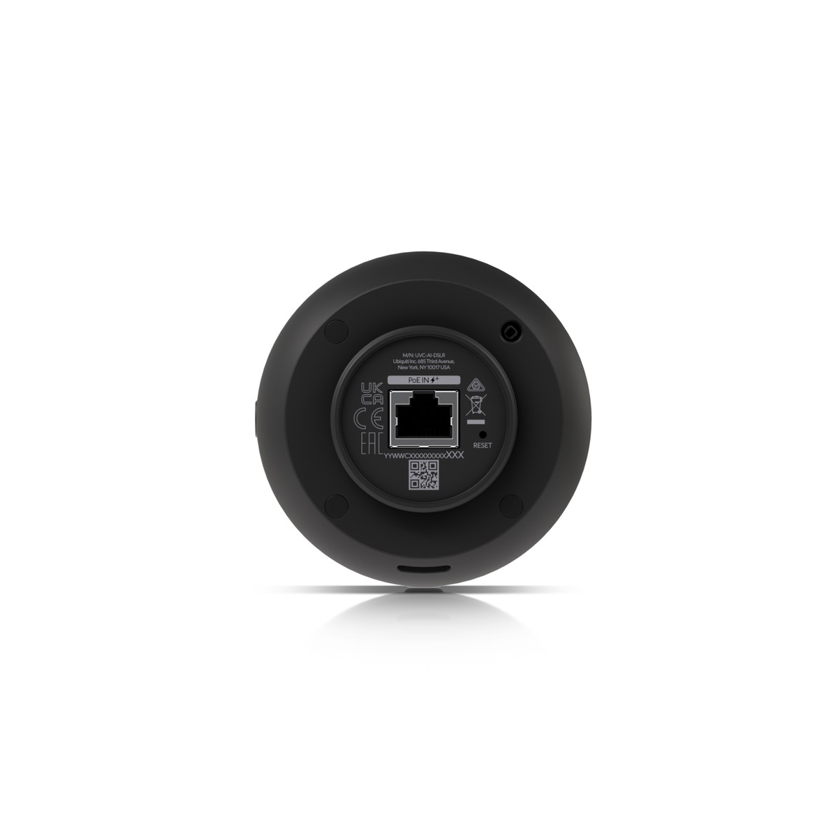Die Rückseite eines schwarzen runden elektronischen Geräts mit Ethernet-Anschluss und QR-Code.