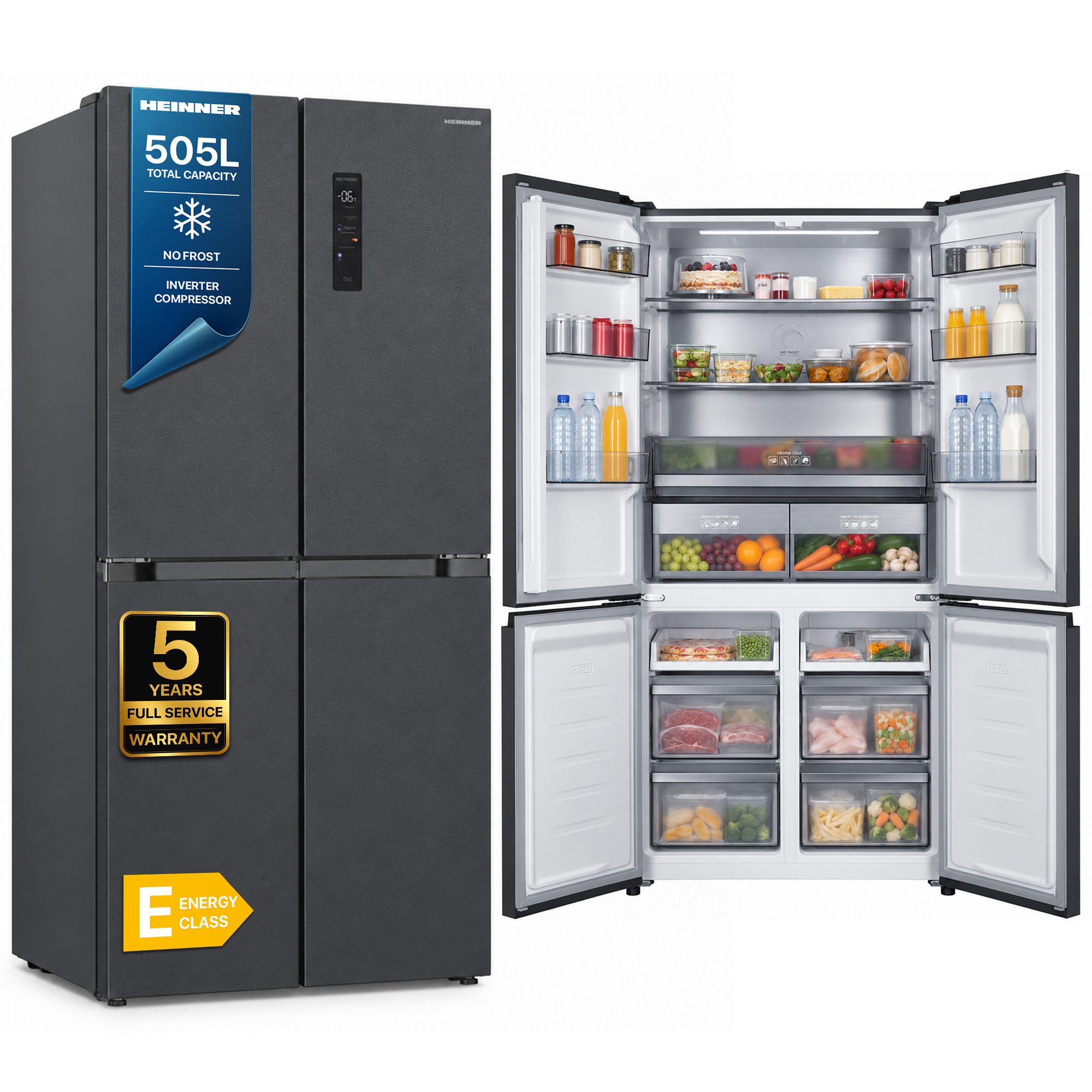 Dark grey Heinner four-door refrigerator, shown closed on the left and open filled with food on the right.
