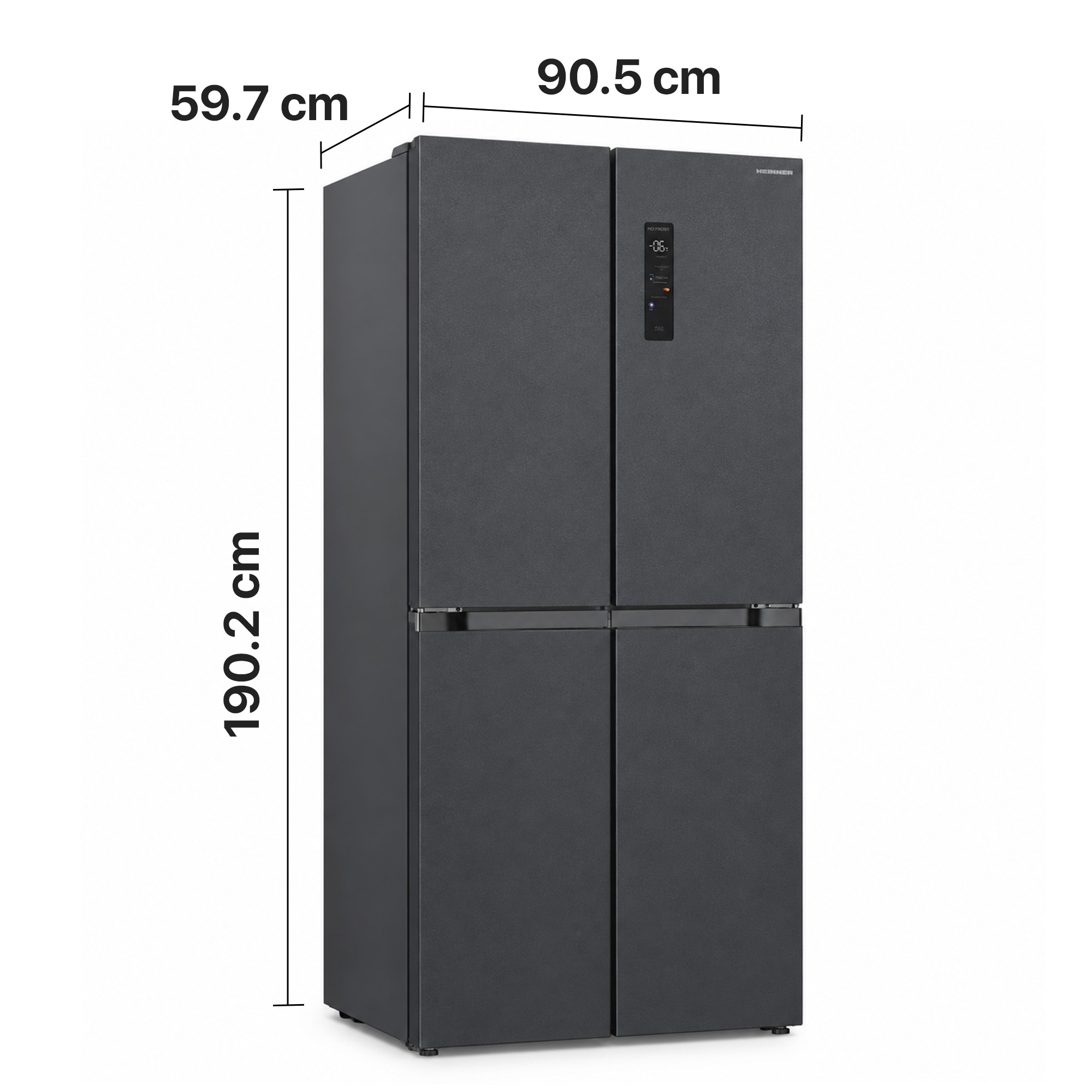 Dark four-door refrigerator with dimensions labeled 190.2 x 90.5 x 59.7 cm.
