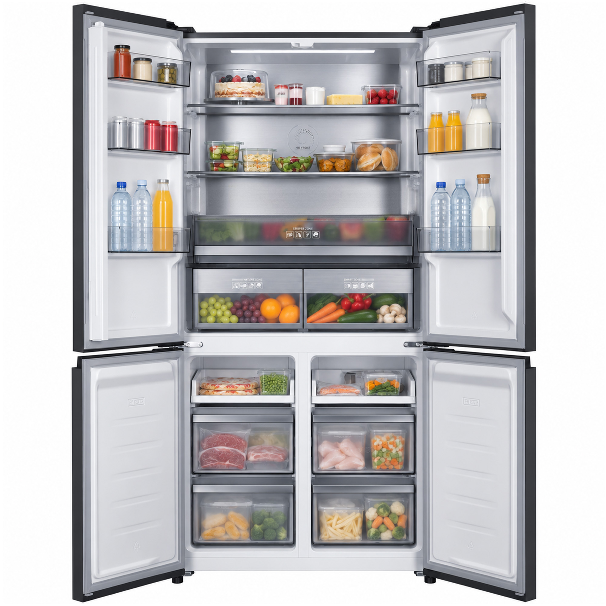 An open four-door refrigerator fully stocked with various fruits, vegetables, beverages, and groceries.