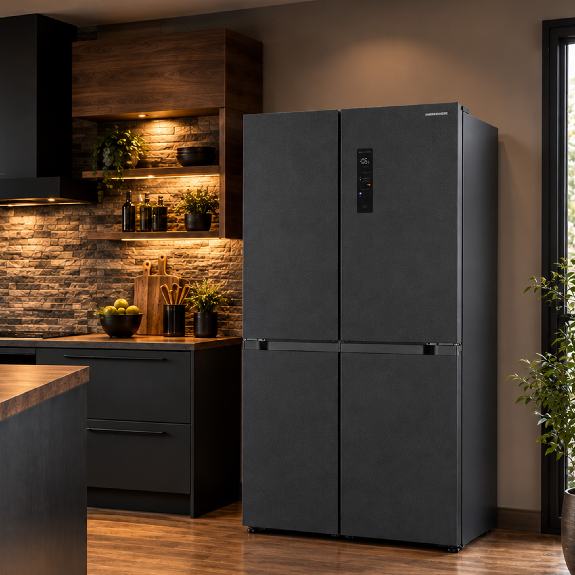 A modern black four-door refrigerator in a stylish kitchen with wooden accents and stone wall.