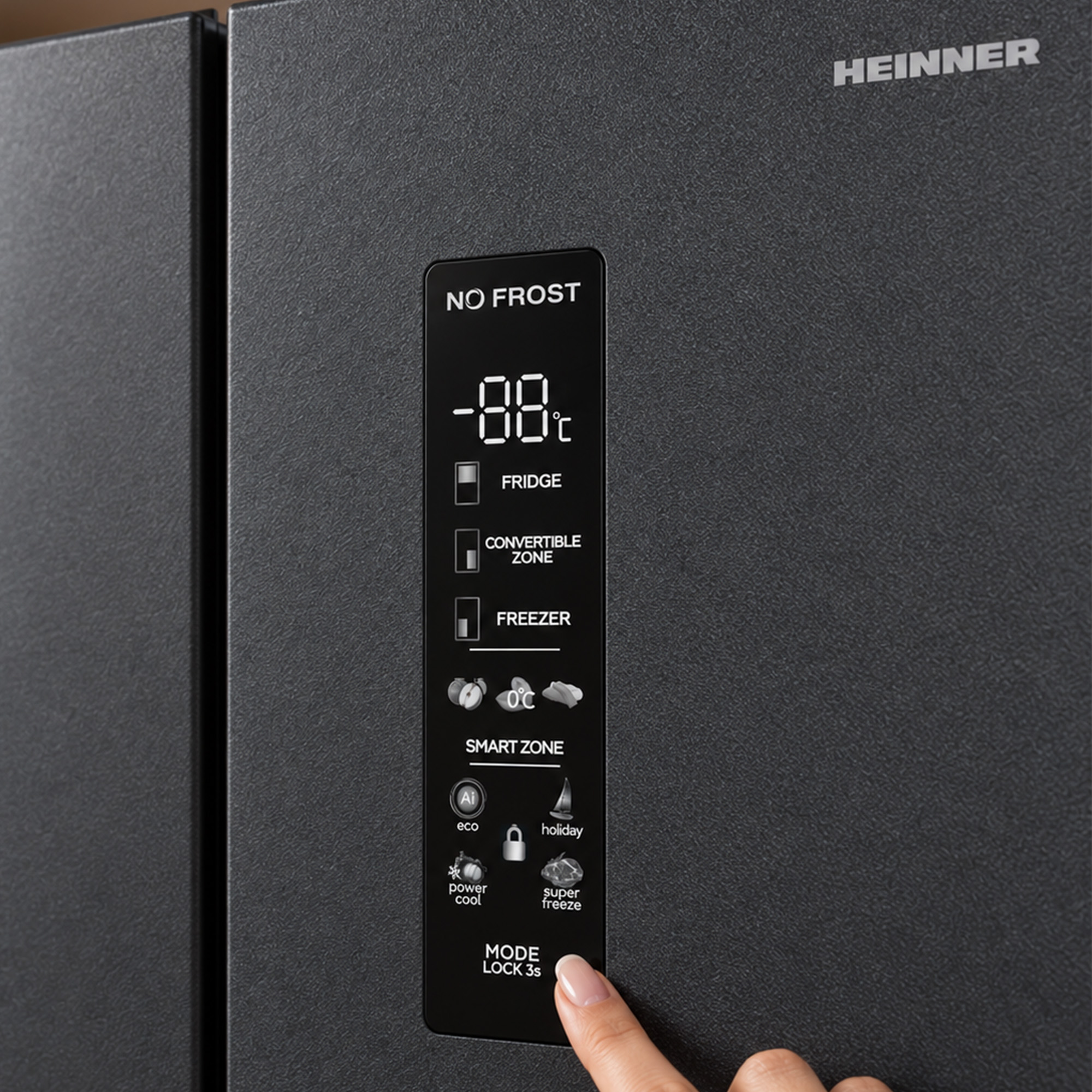 Finger touching the LED control panel of a black Heinner No Frost refrigerator.