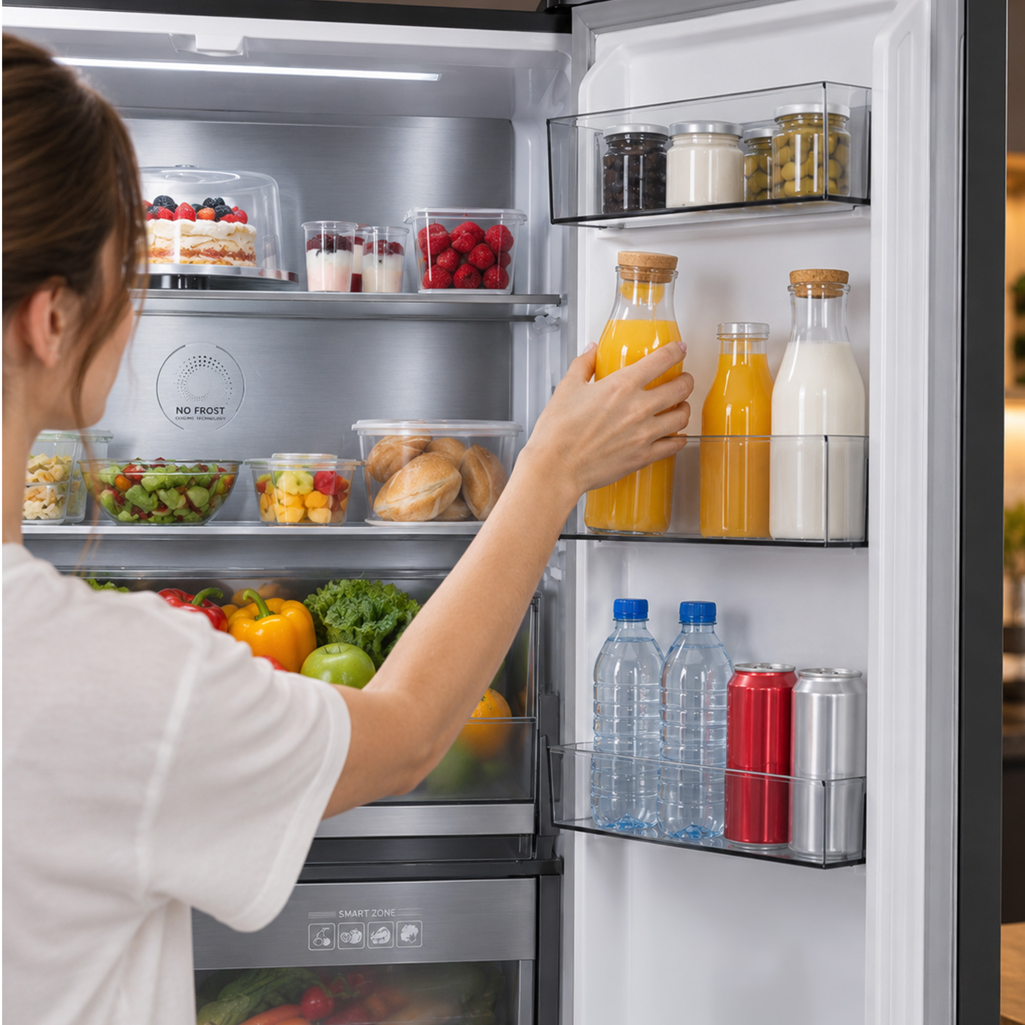 A woman takes a bottle of orange juice from a fully packed, organized refrigerator.