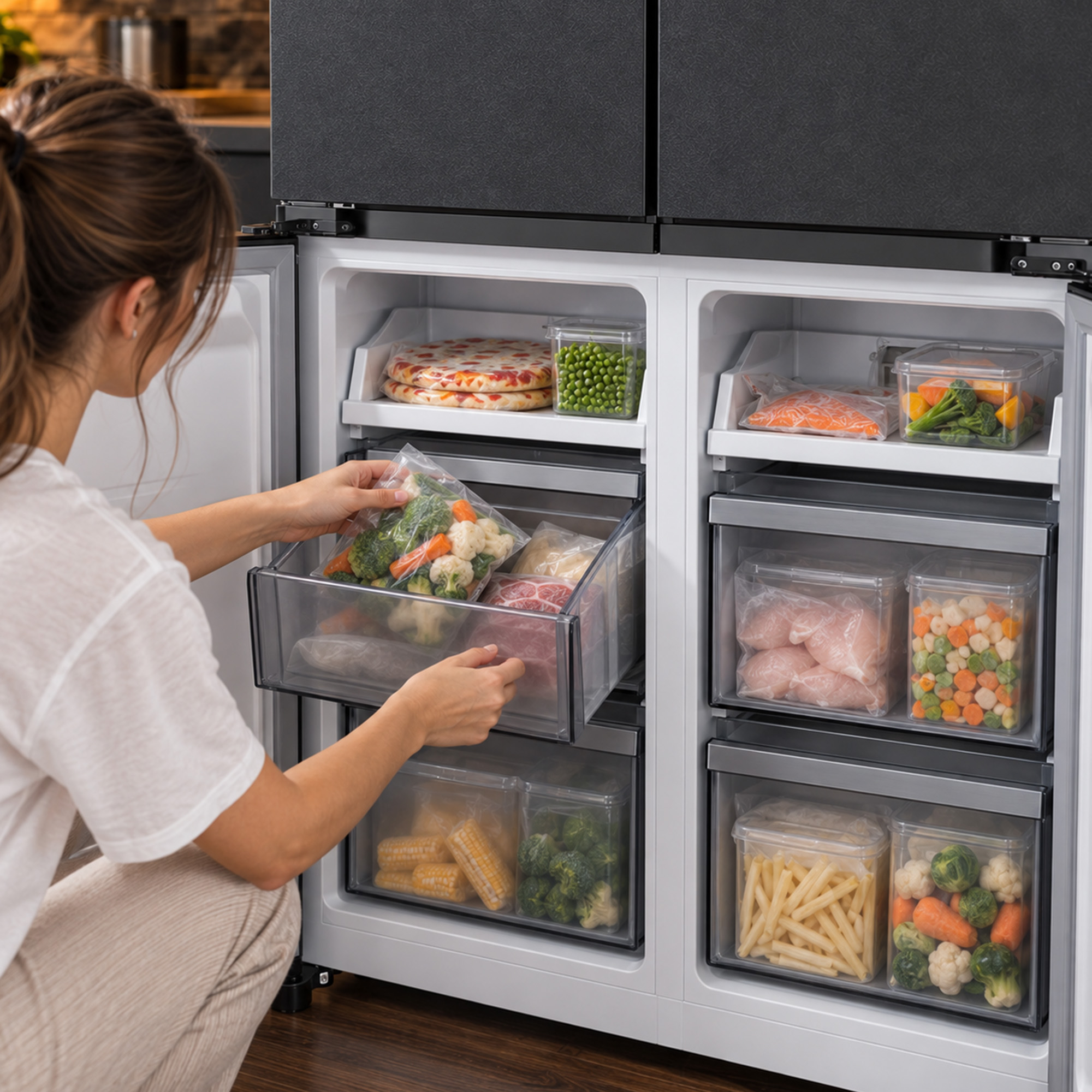 A woman kneels, organizing frozen vegetables in a drawer of a well-stocked, modern refrigerator.