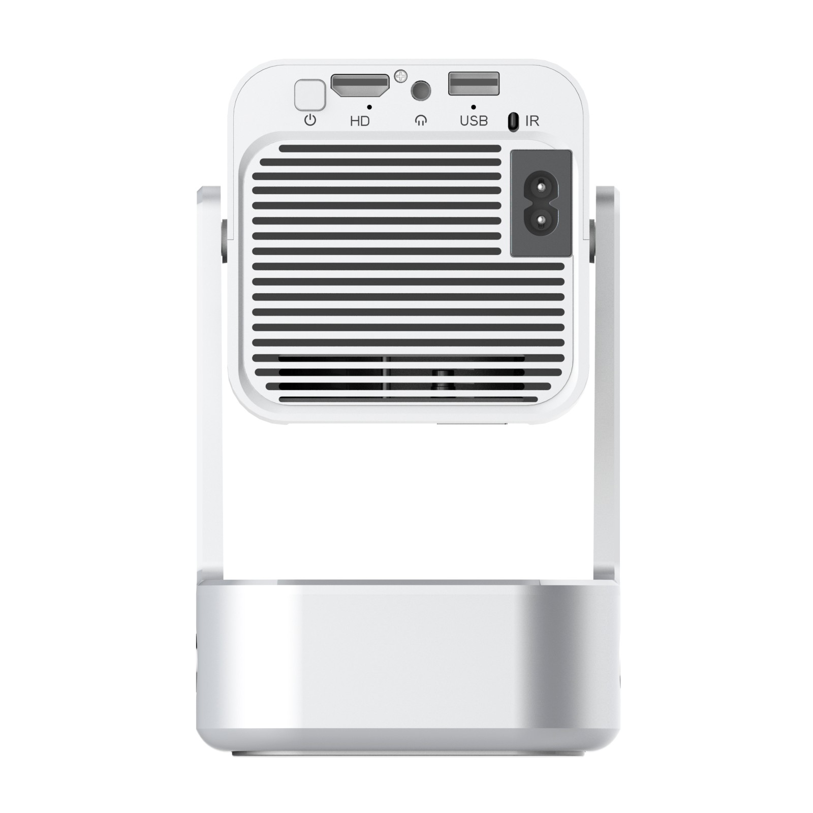 Mini proiettore bianco su supporto argento con porte HDMI, USB e jack audio.