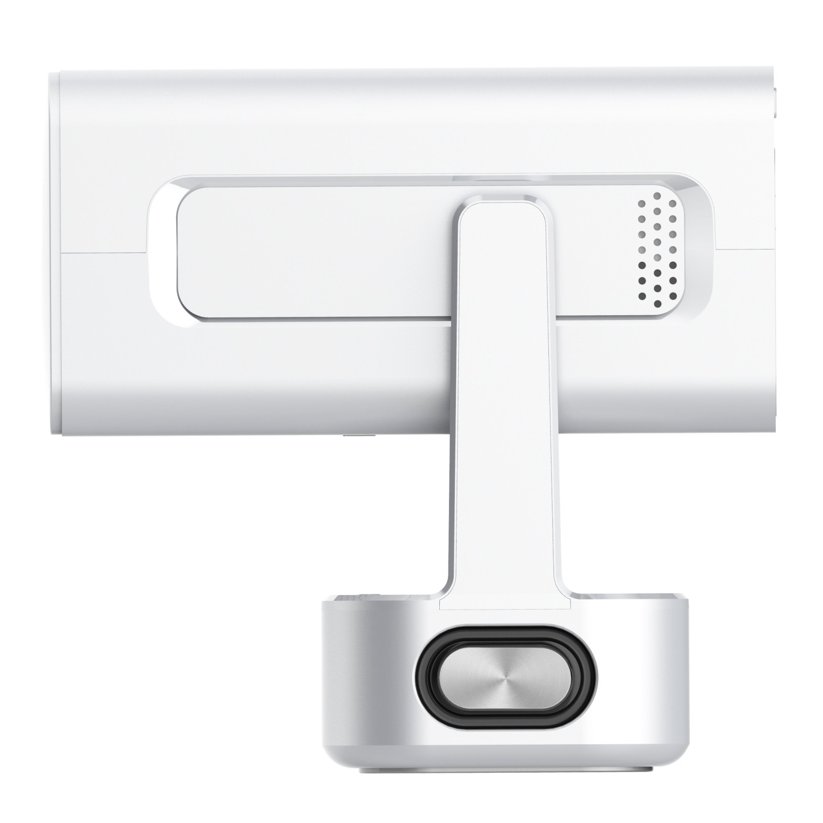 Un dispositivo tecnico bianco con supporto e altoparlante su sfondo bianco.