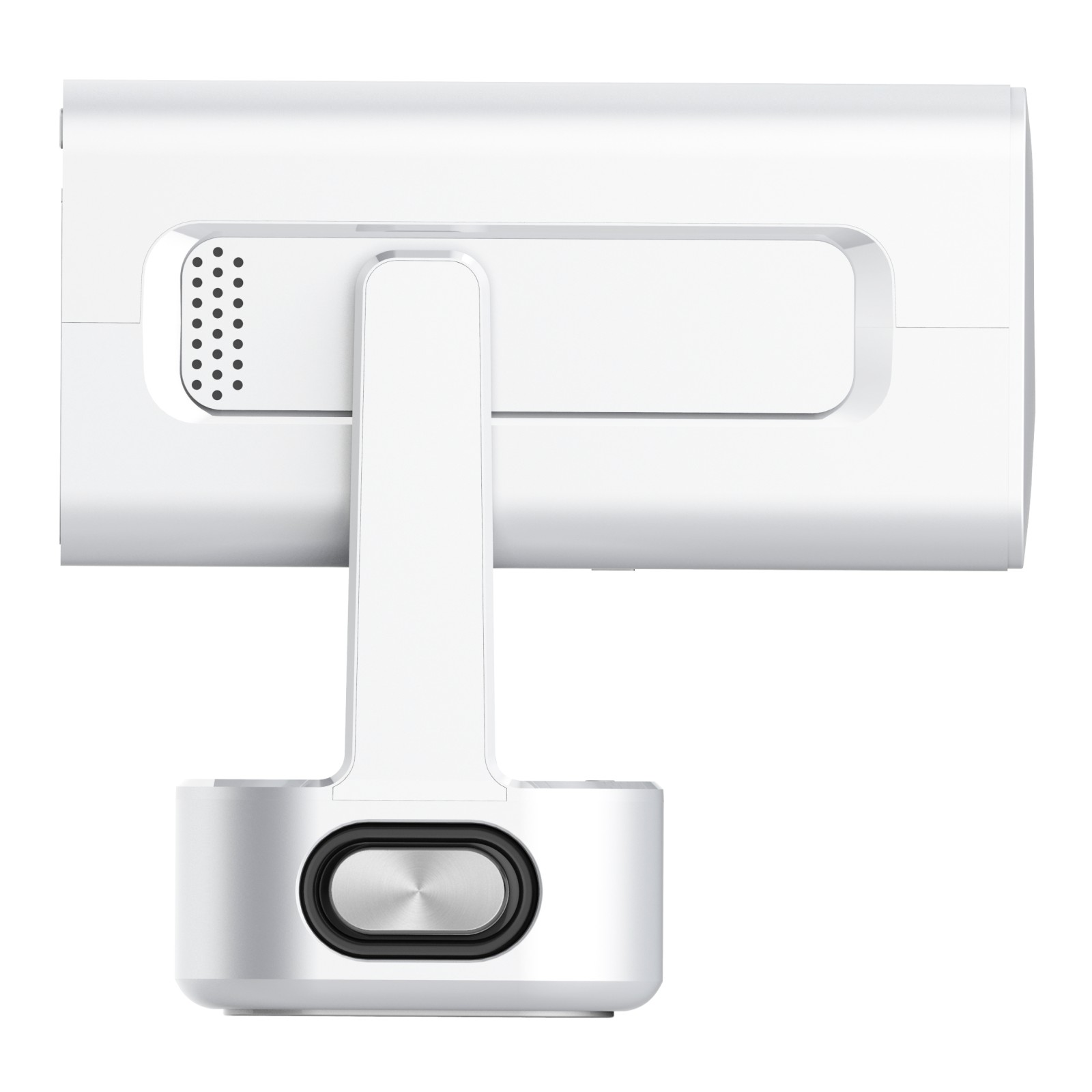 Un dispositivo tecnologico bianco con supporto e altoparlante su sfondo bianco.