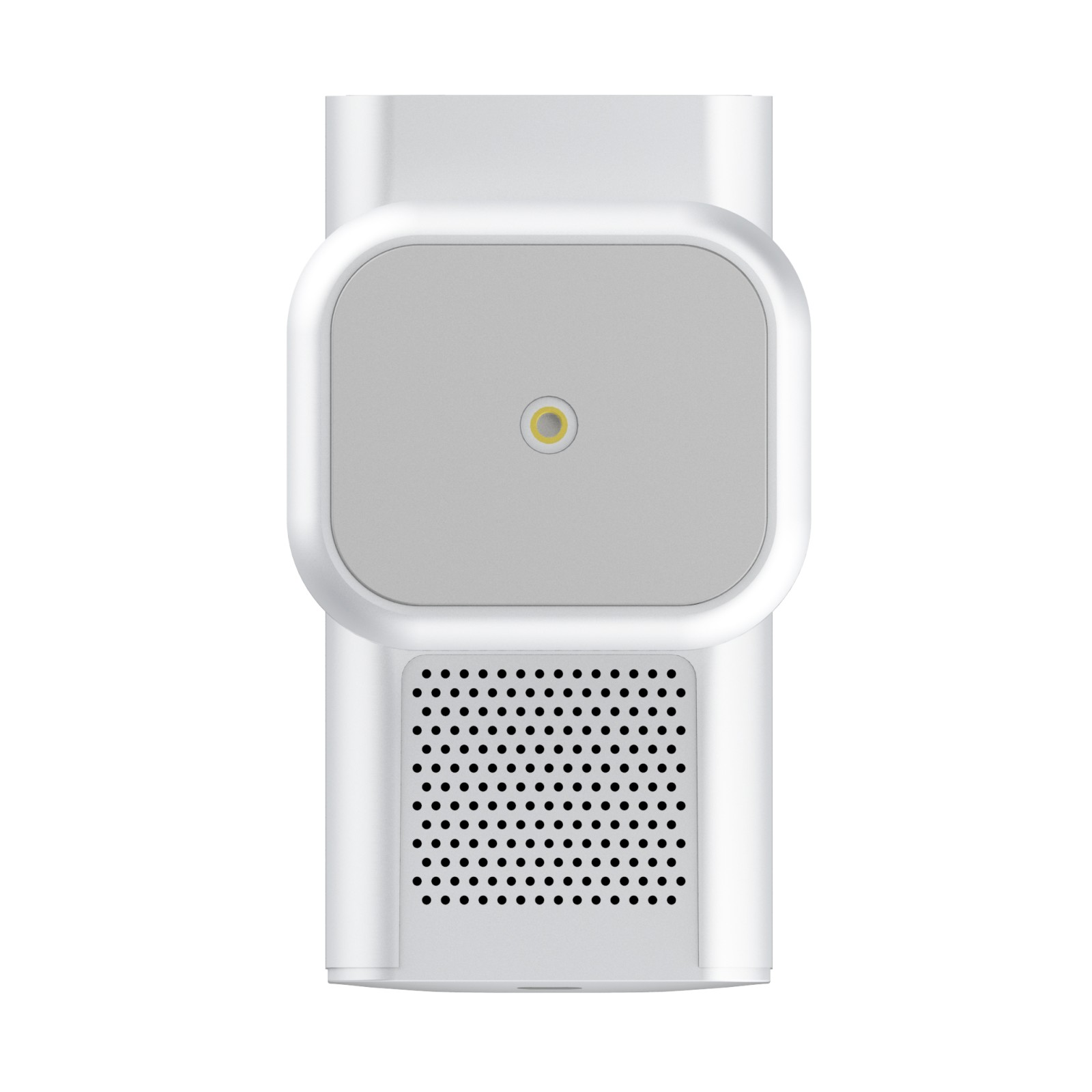 Un dispositivo domestico intelligente bianco e moderno con un pannello frontale quadrato e fori per gli altoparlanti.