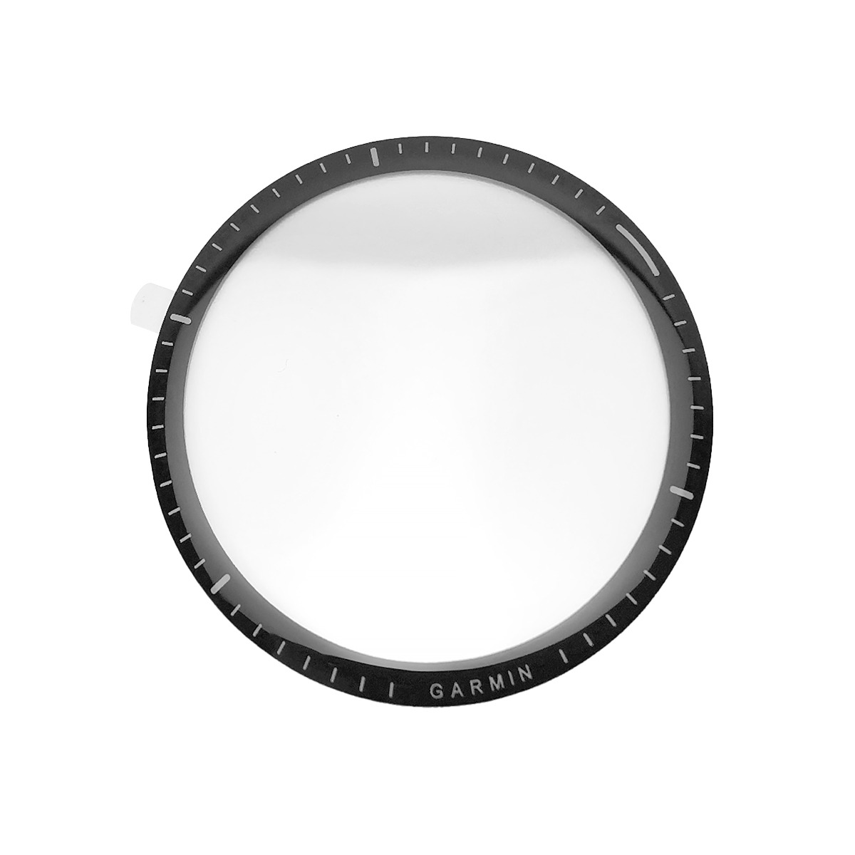 Anillo de bisel de reloj Garmin negro con marcas blancas sobre fondo blanco.
