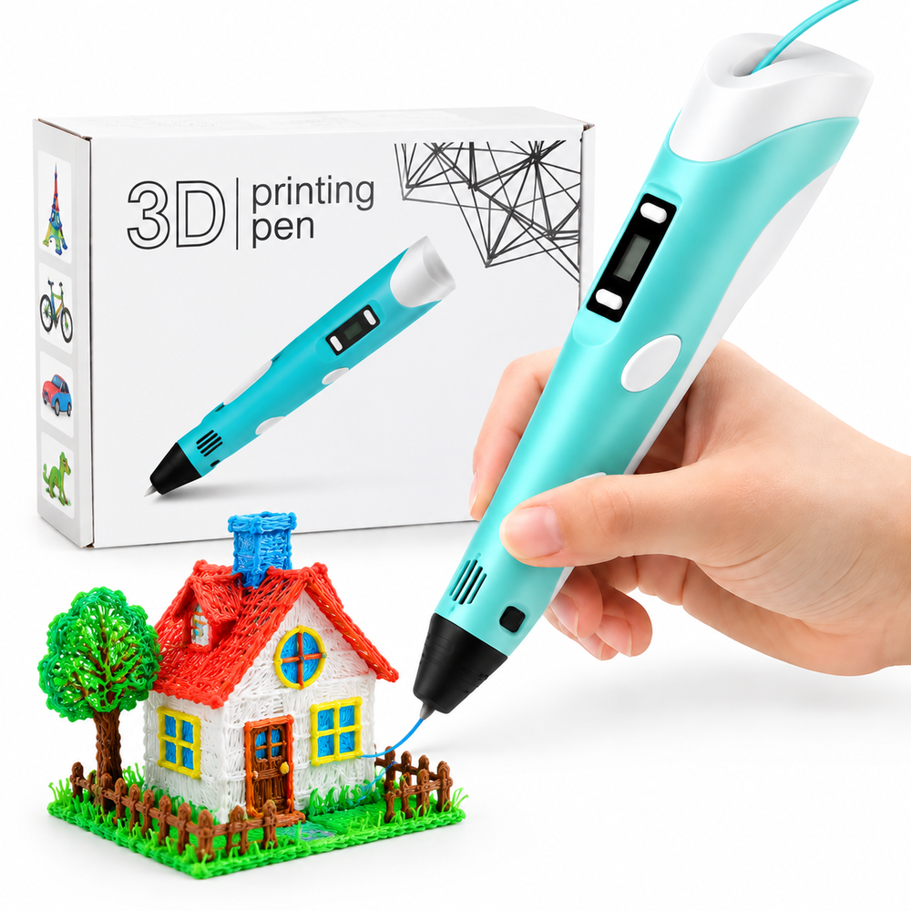 Una mano usa un lápiz de impresión 3D verde azulado para dibujar una pequeña casa modelo.