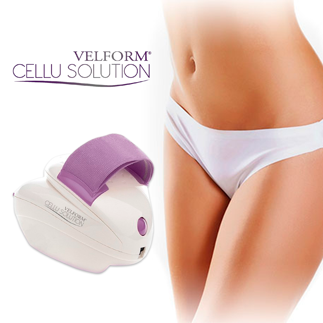 Appareil anticellulite Velform Cellu Solution blanc avec sangle violette et corps de femme en arrière-plan.