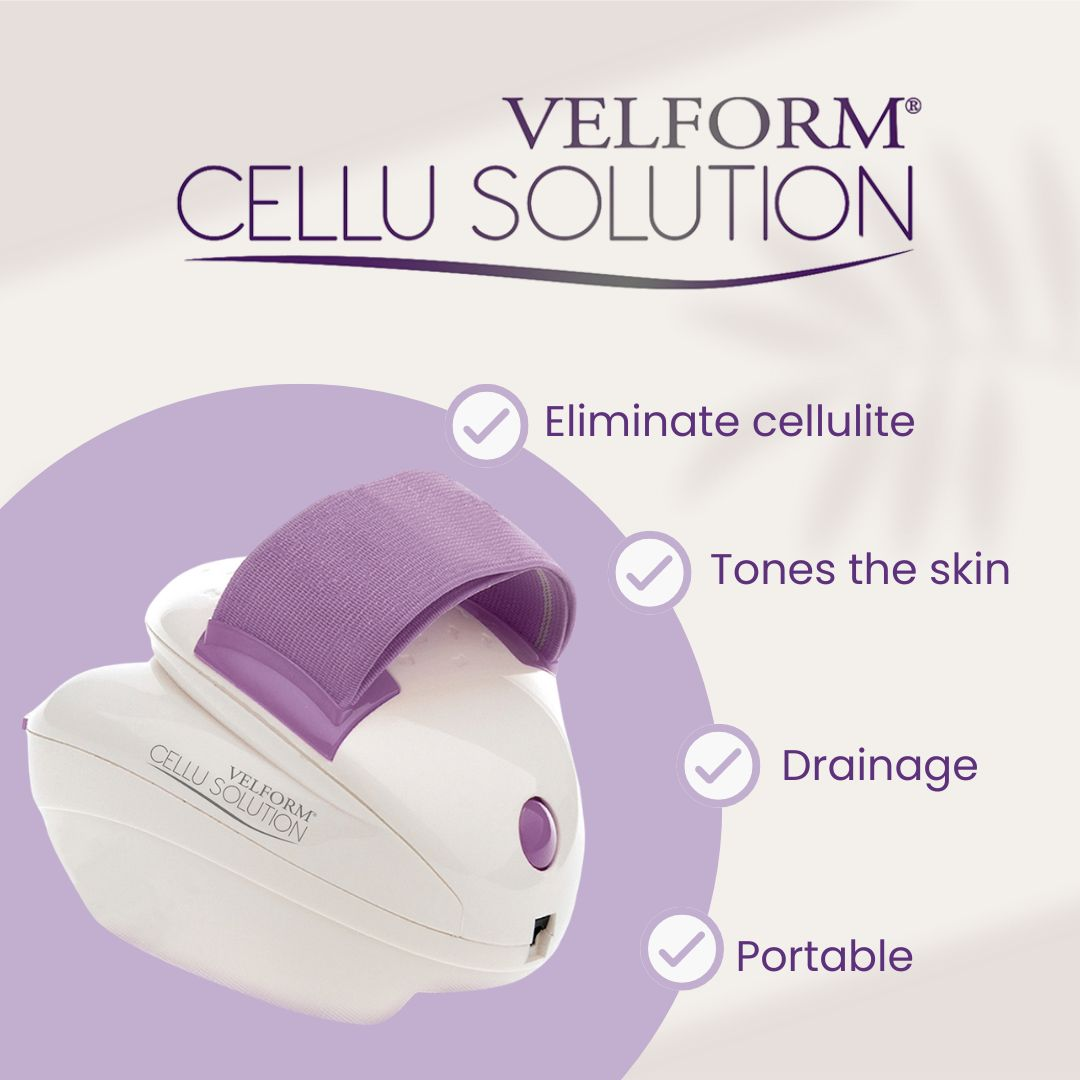 Publicité pour Velform Cellu Solution avec avantages: élimine la cellulite, raffermit la peau, drainage et portable.