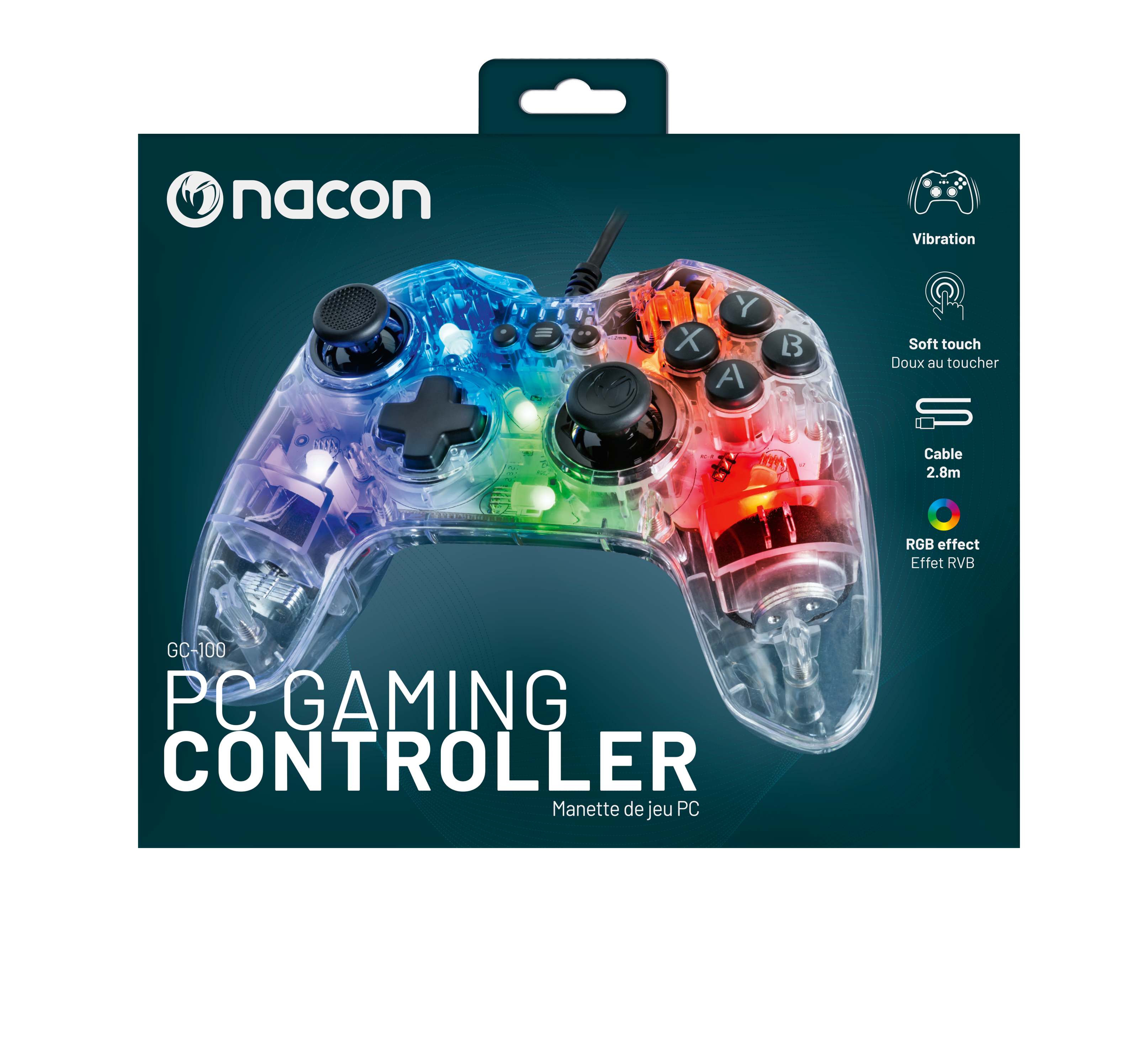 Controller di gioco per PC Nacon in custodia trasparente con illuminazione RGB su scatola blu.