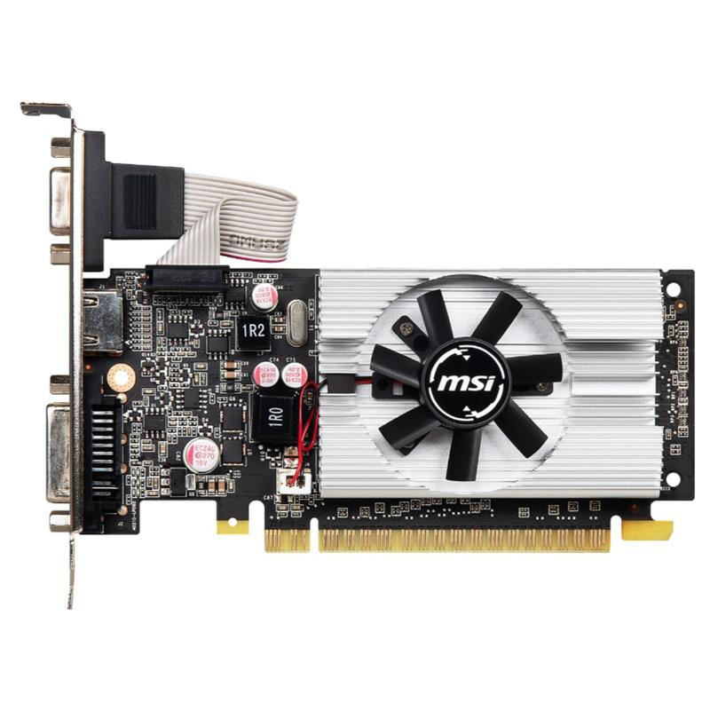 Gümüş renkli soğutucu üzerinde siyah fanlı, siyah devre kartı ve I/O braketli MSI ekran kartı.