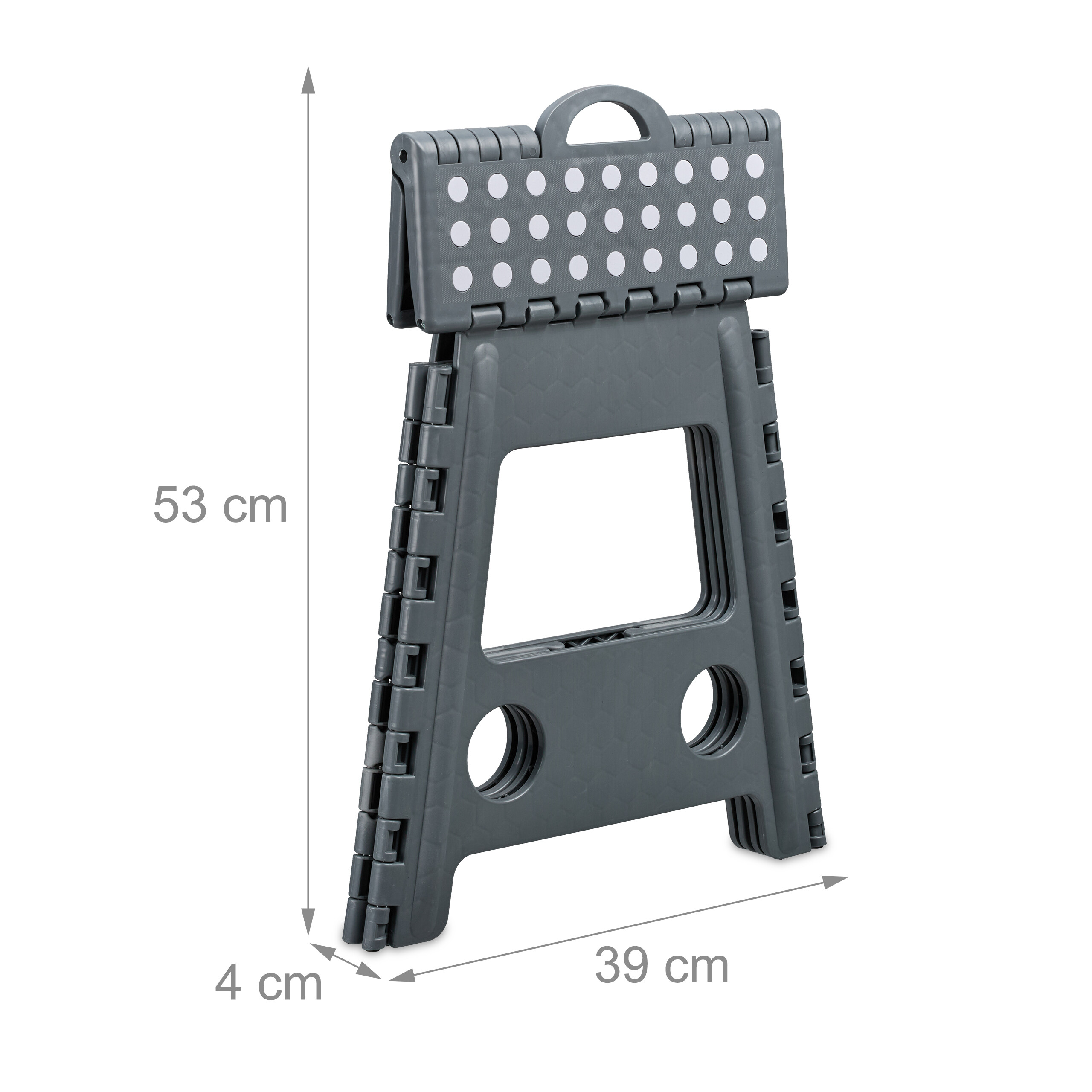 Zusammengeklappter grauer Plastik-Hocker mit Maßen von 53 cm Höhe, 39 cm Breite und 4 cm Dicke.