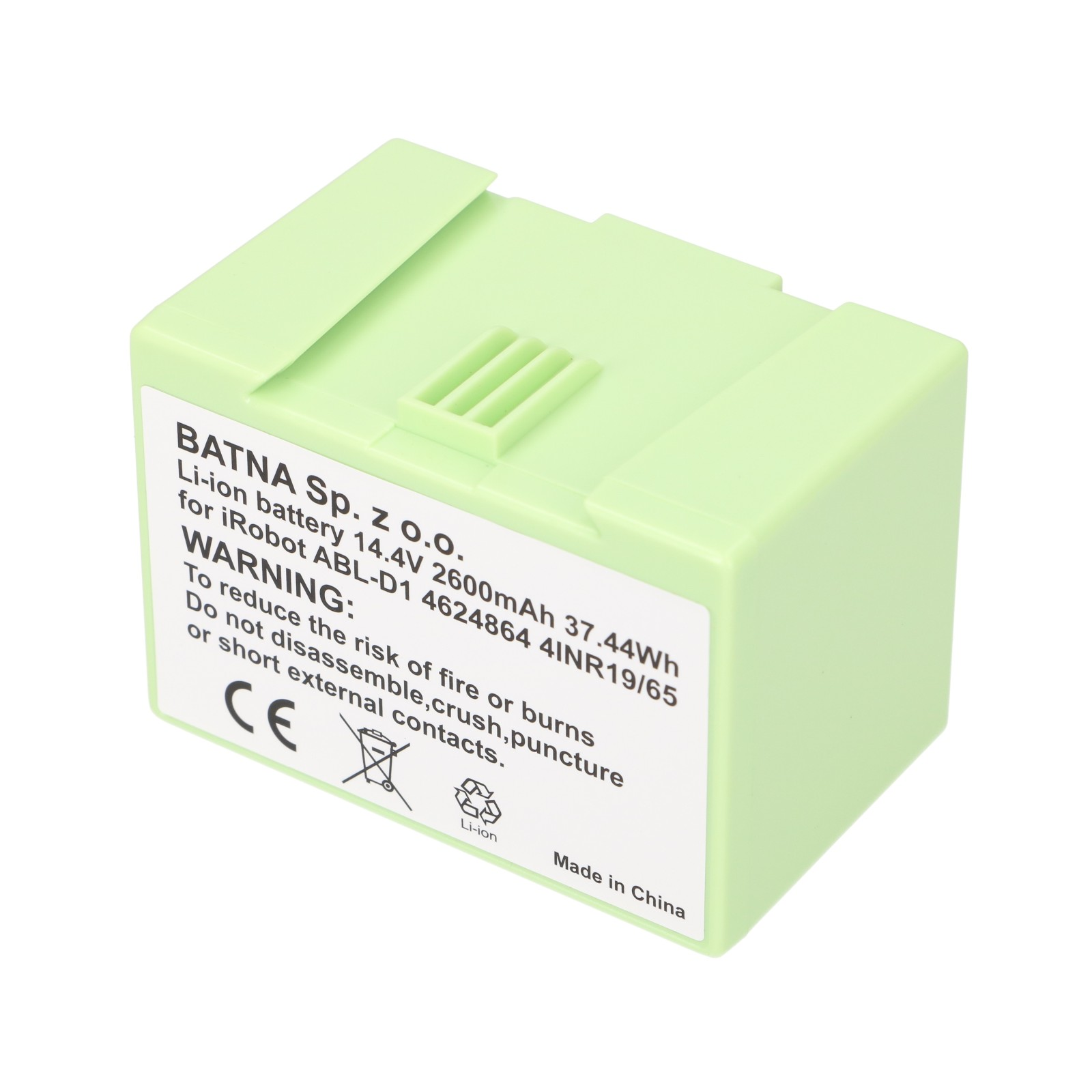 Batteria agli ioni di litio verde con etichetta di avvertenza bianca e specifiche.