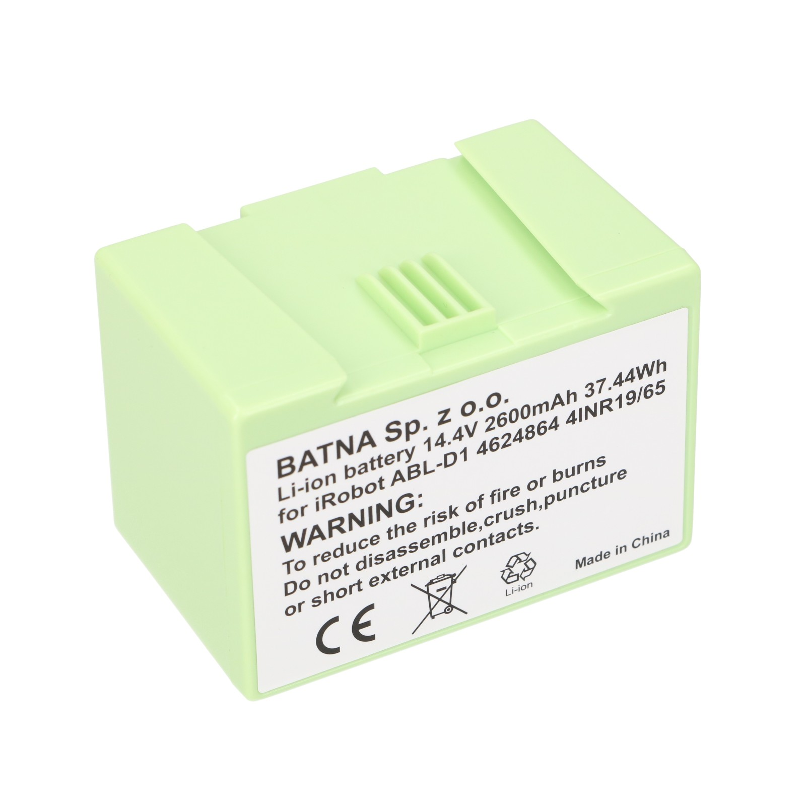 Batteria verde per iRobot con testo di avvertenza e marchio CE su etichetta bianca.