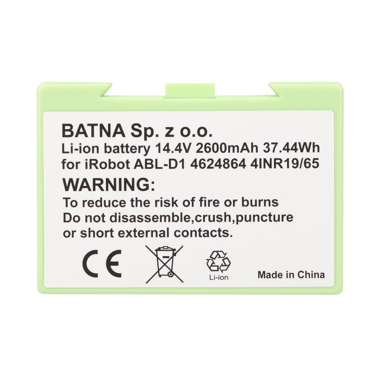 Etichetta batteria agli ioni di litio verde con avvertenze e marchio CE.