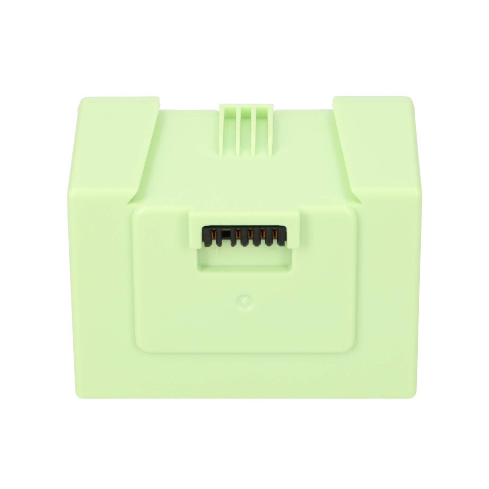 Una batteria in plastica verde chiaro con una porta di contatto elettrico nera sul davanti su sfondo bianco.