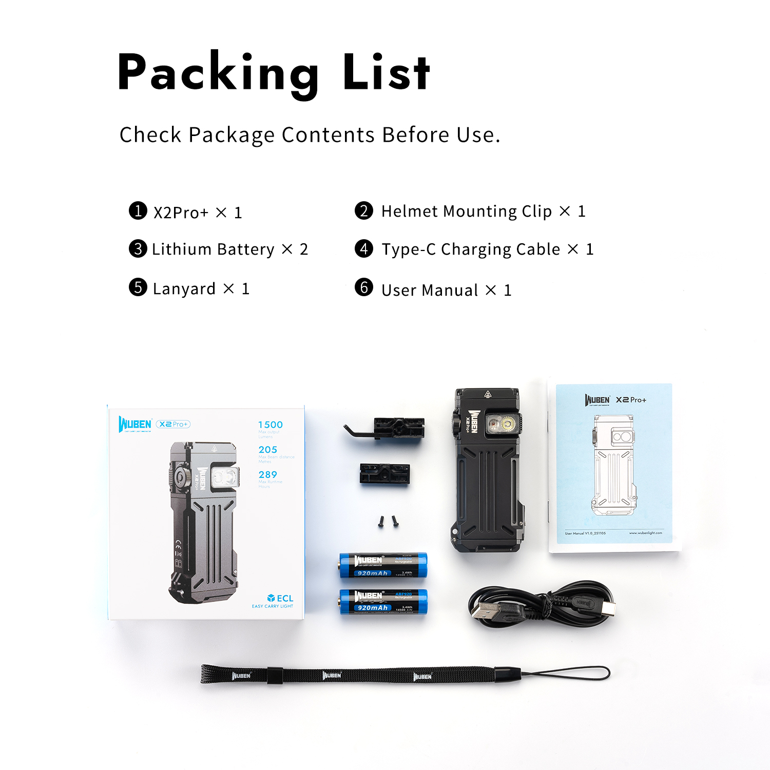 Packliste mit Taschenlampe, Batterien, Kabel, Clip, Handbuch und Umhängeband.