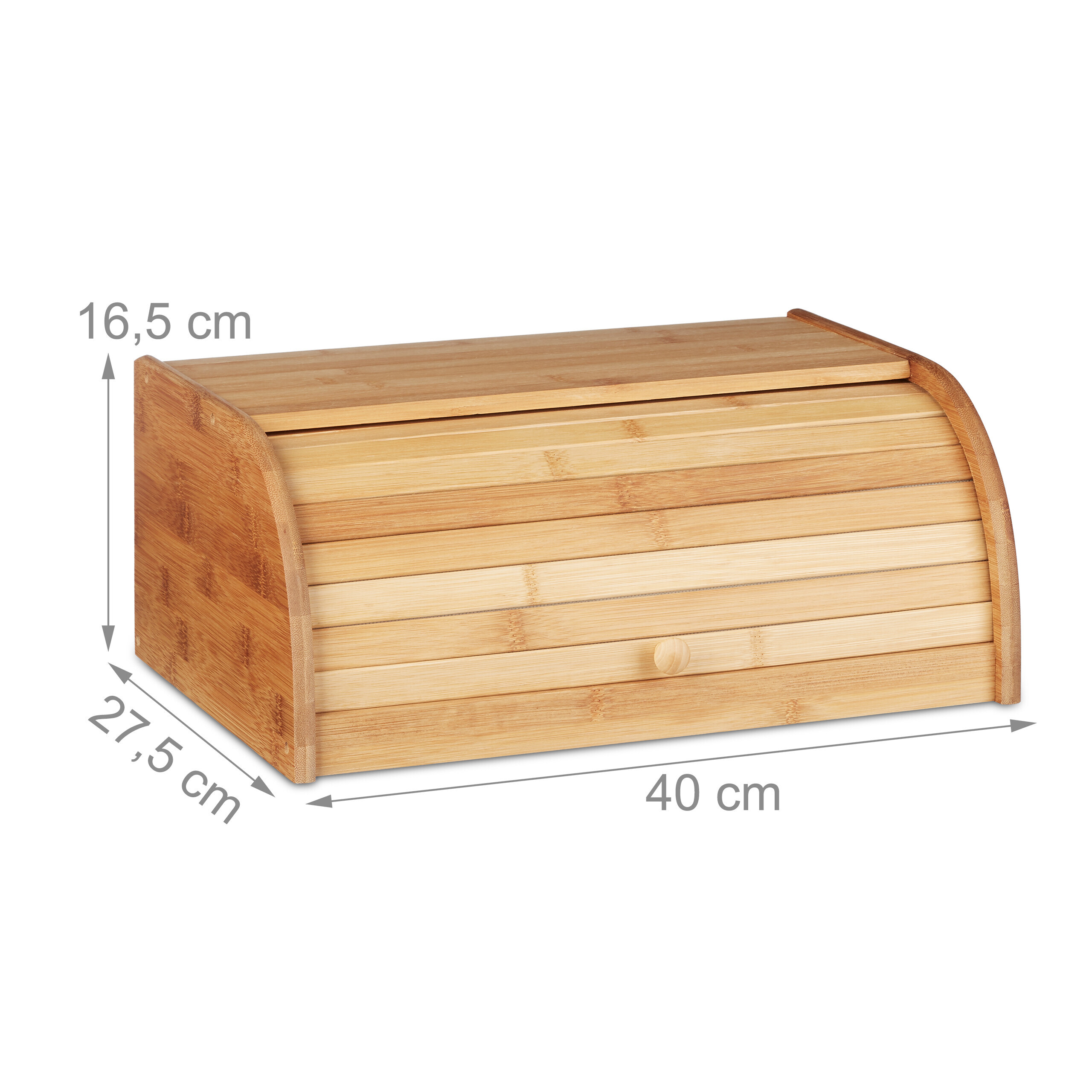 Holz-Brotkasten mit Maßen von 40x27,5x16,5 cm auf weißem Hintergrund.