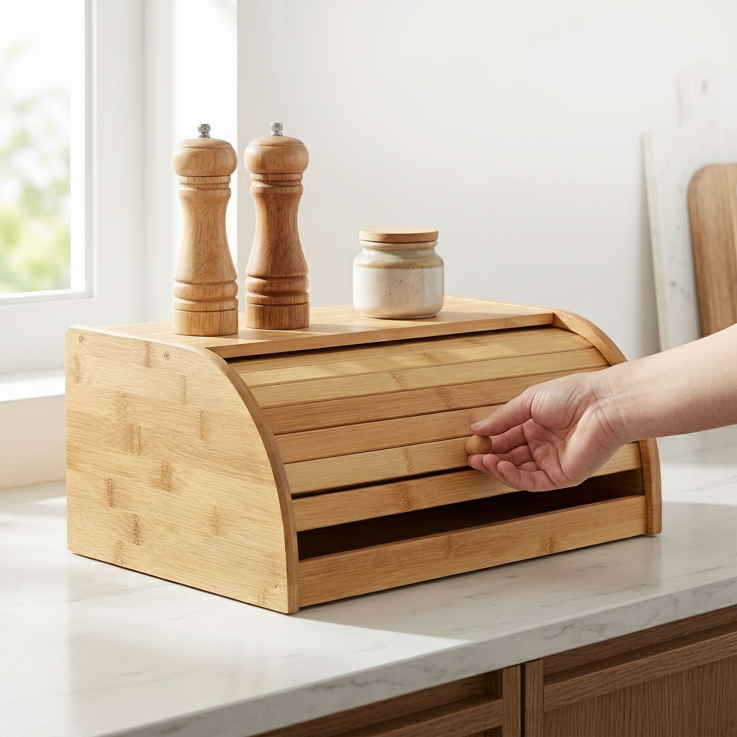 Eine Hand öffnet einen hölzernen Brotkasten auf einer weißen Küchenarbeitsplatte neben Gewürzmühlen.